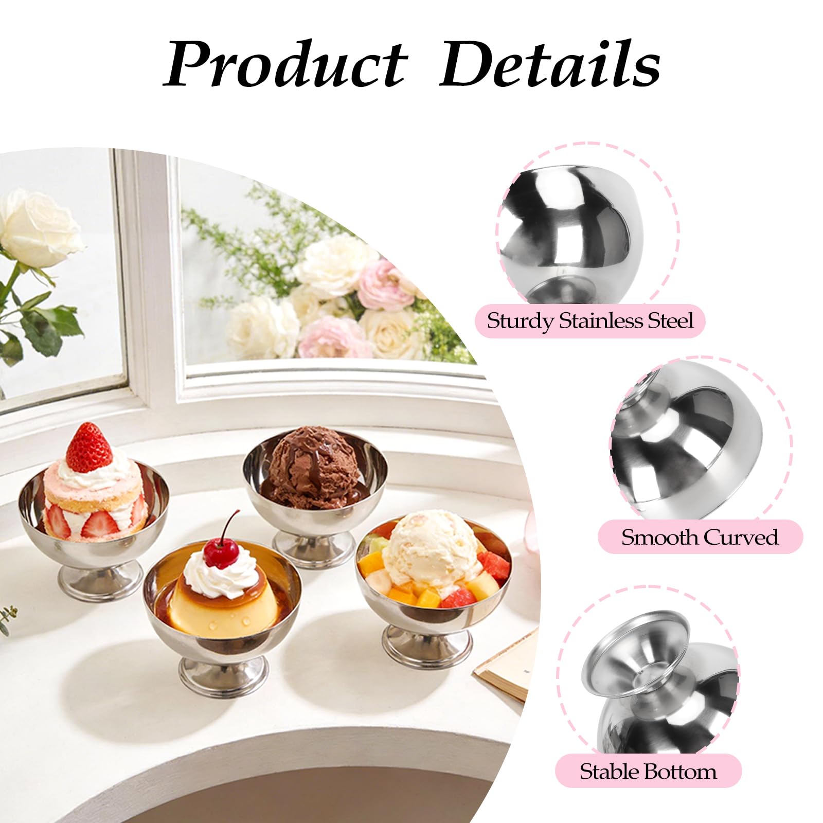 Buachois 8 Juegos Vaso de Helado de Acero Inoxidable Copa de Helado Cuencos Tazas de Postre Yogur con Patas Redondas Plateado Tazas Pudín Reutilizable con Tenedor para Postre Sundae Frutas Pie Postres