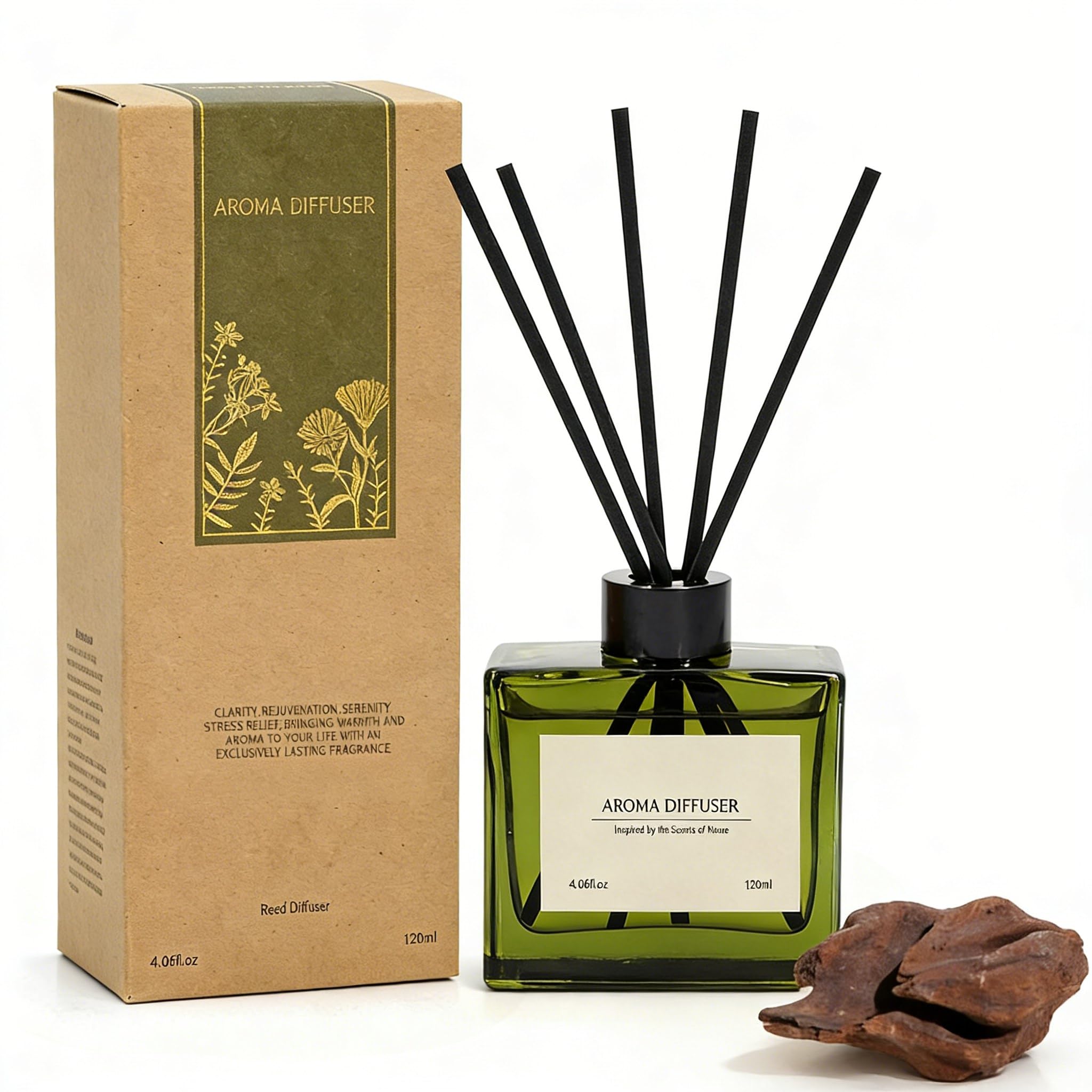 Reed Diffuser, Sandalwood Scented Oil with 10 Sticks & Decor Flower 120ml