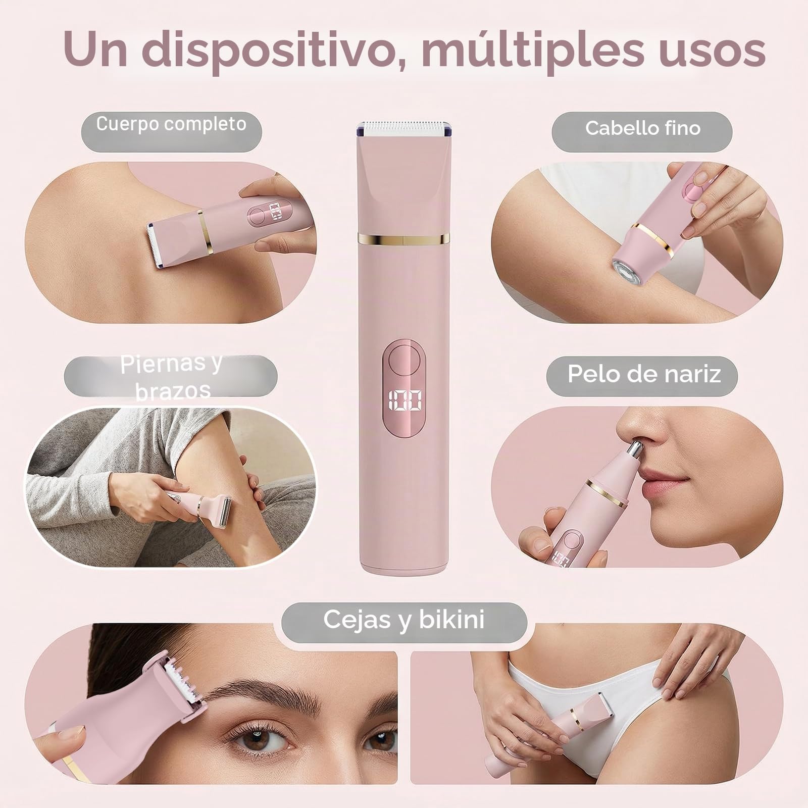 Depiladora Bikini 5 en 1 para mujeres, afeitadora eléctrica corporal inalámbrica impermeable IPX7, 5 cabezales intercambiables para depilación cara, piernas y zona íntima, hoja cerámica, carga USB
