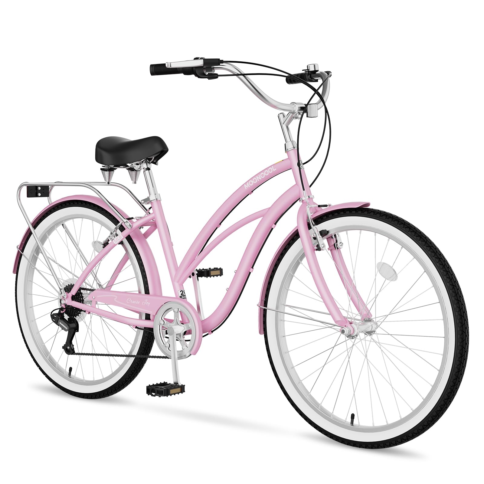 MOONCOOL Beach Cruiser Bike for Women and Men, 24/26 Inch 7-Speed Adult Bicycle, Comfortable Step-Through Frame with Rear Rack, Classic City Cruiser