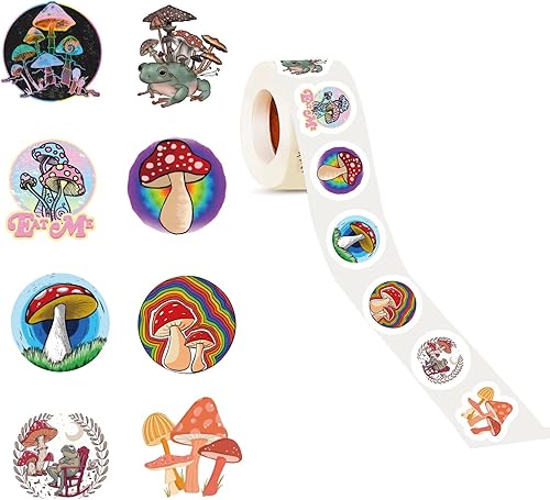 Calcomanías de hongos 500 unidades 8 rollos de calcomanías de plantas coloridas medio-conscientes para niños niñas niños para botella de agua laptop