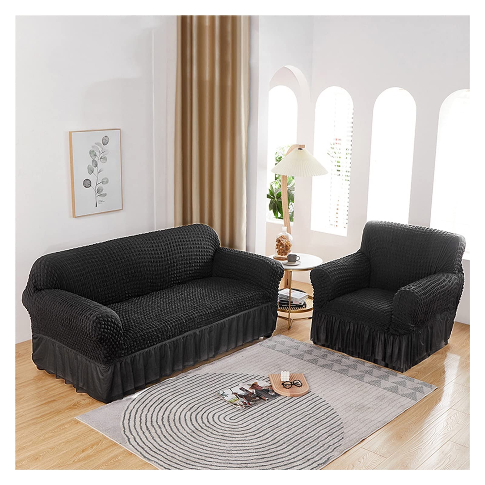 Black Elastic L Shape Sofa Cover with Skirt for Right/Left Arm Chaise Longue Anti Scratch and Adjustable Couch Cushion Covers Fits 1/2/3/4 Seats Perfect for Living Room