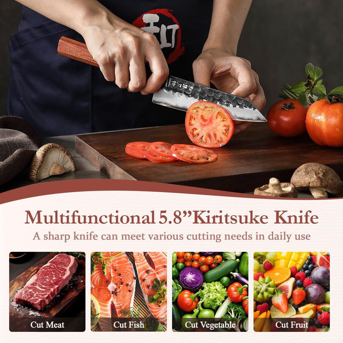HEZHEN 15 cm Cuchillo de Kiritsuke Bunka Cuchillo de Chef Estilo Japonés | Hoja Negra, Acero Compuesto de 3 Capas, Mango Octogonal de Redwood, Cuchillos de Cocinero Para Verduras y Carnes