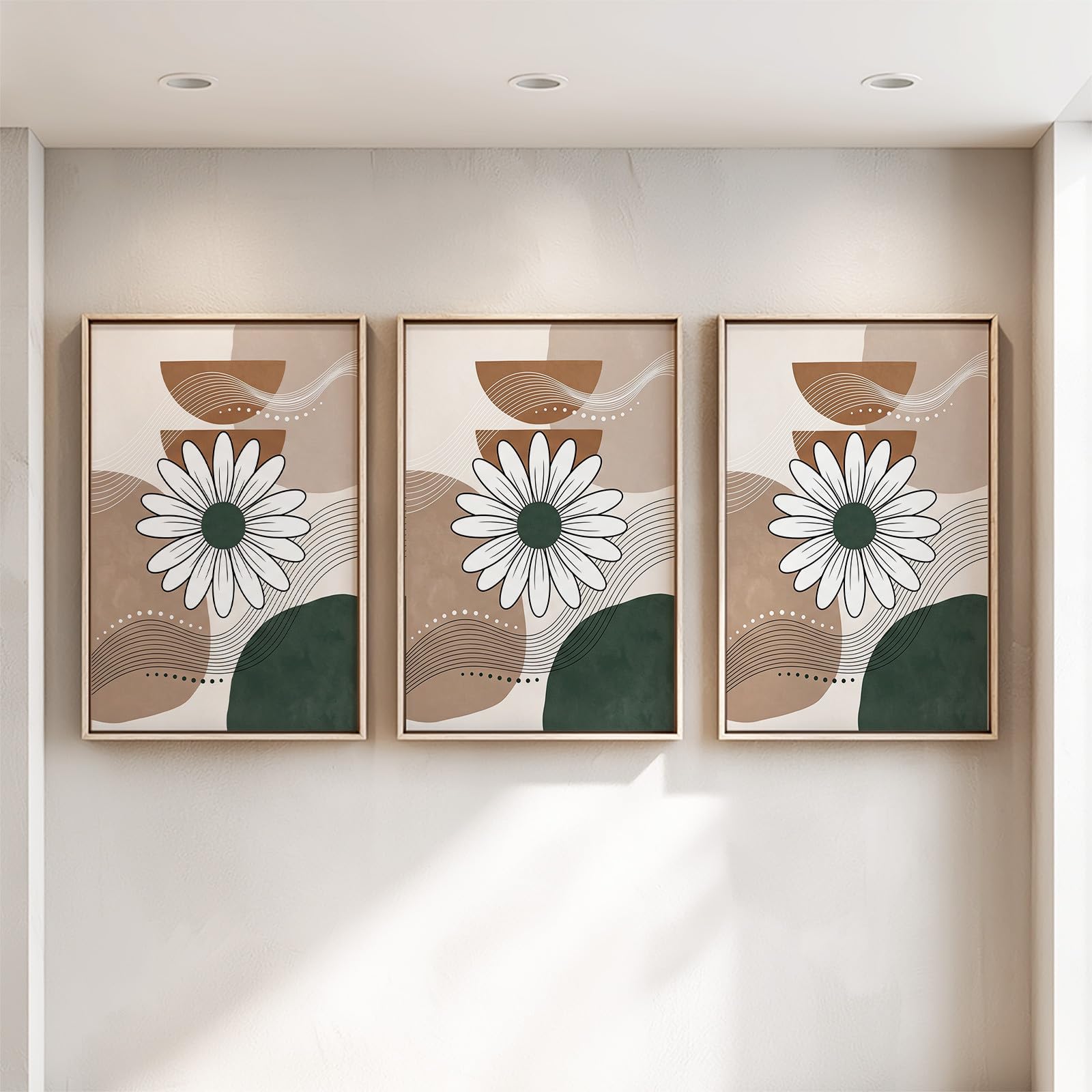 Generisch 3-teiliges Wandbild Leinwand Set 50 x 70 cm, Ohne Rahmen Triptychon Ästhetische Kunstdrucke Boho Minimalistisch für Wohnzimmer & Schlafzimmer, Linie Farbblock Gänseblümchen Ruhig Erdton