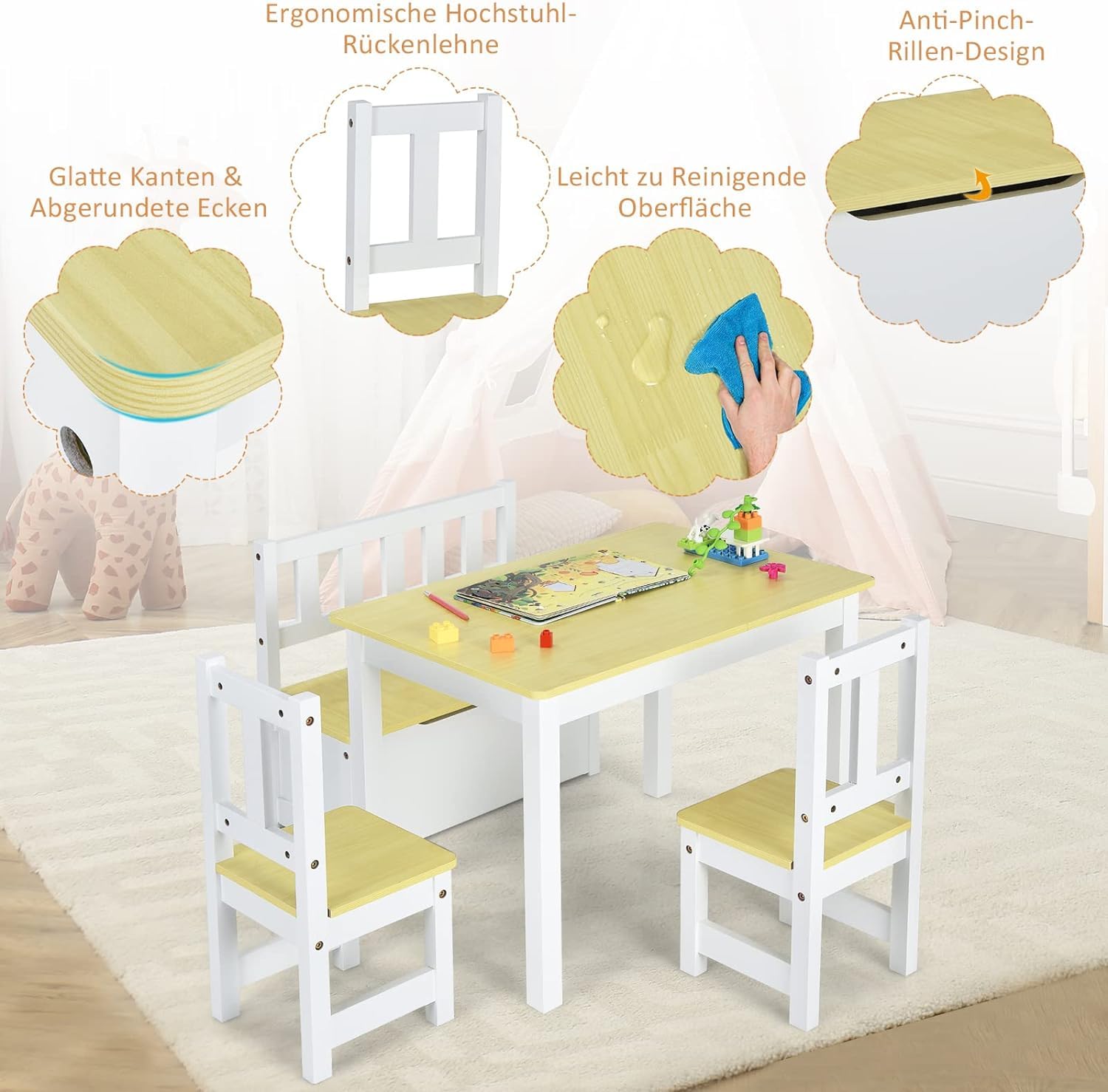 DREAMADE Kindetisch mit 2 Stühlen, Kindersitzgruppe aus Holz mit 22L Strauraum, Kindertruhenbank Kindermöbelset Holzsitzgruppe für Kinderzimmer, Spielzimmer, Wohnzimmer, Natur