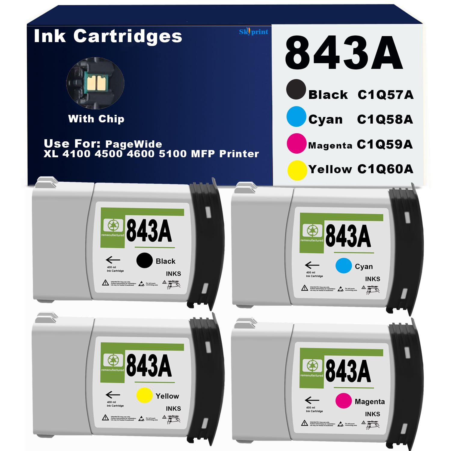 843A Ink Cartridges 400mL C1Q57A C1Q58A C1Q59A C1Q60A Compatible HP 843A Ink Use for HP PageWide XL 4000 4100 4500 4600 5000 5100 Wide Format Printer