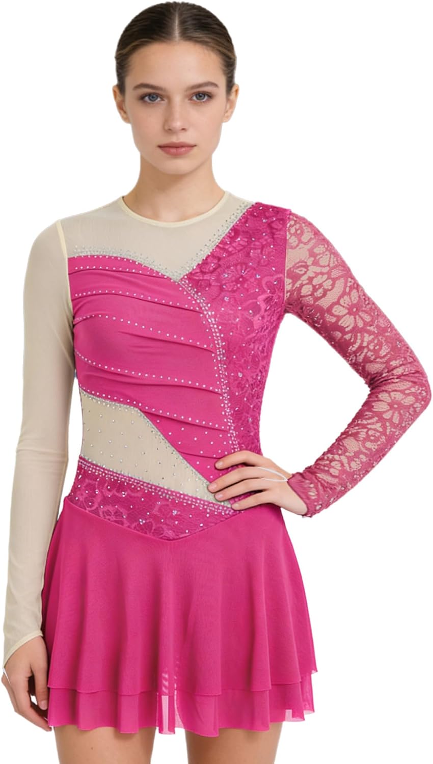 Hularka Women's Shiny Rhinestone Long Sleeve Floral Lace Patchwork Jumpsuit Figure Ice Skating Dresse