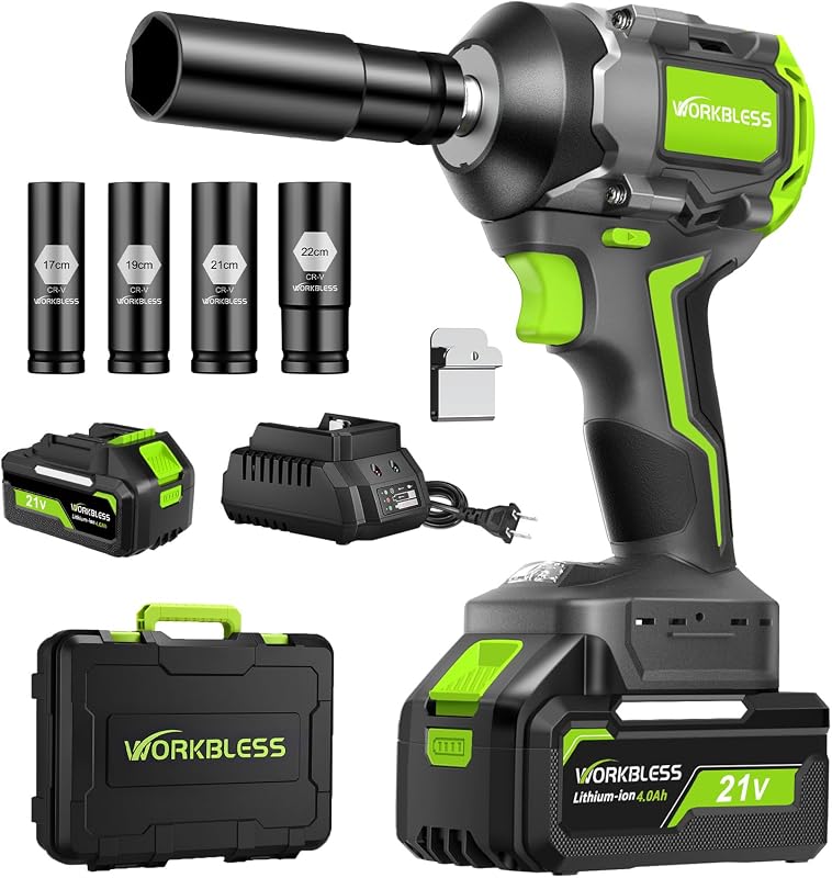 Cordless Impact Wrench 1/2" 630Ft-lbs(850N.m) with 21V Battery | High Torque Impact Driver,4.0Ah Battery Electric Brushless Impact Gun for Car/Heavy Truck/Pickup,3-Speed,4 Socket,LED Light