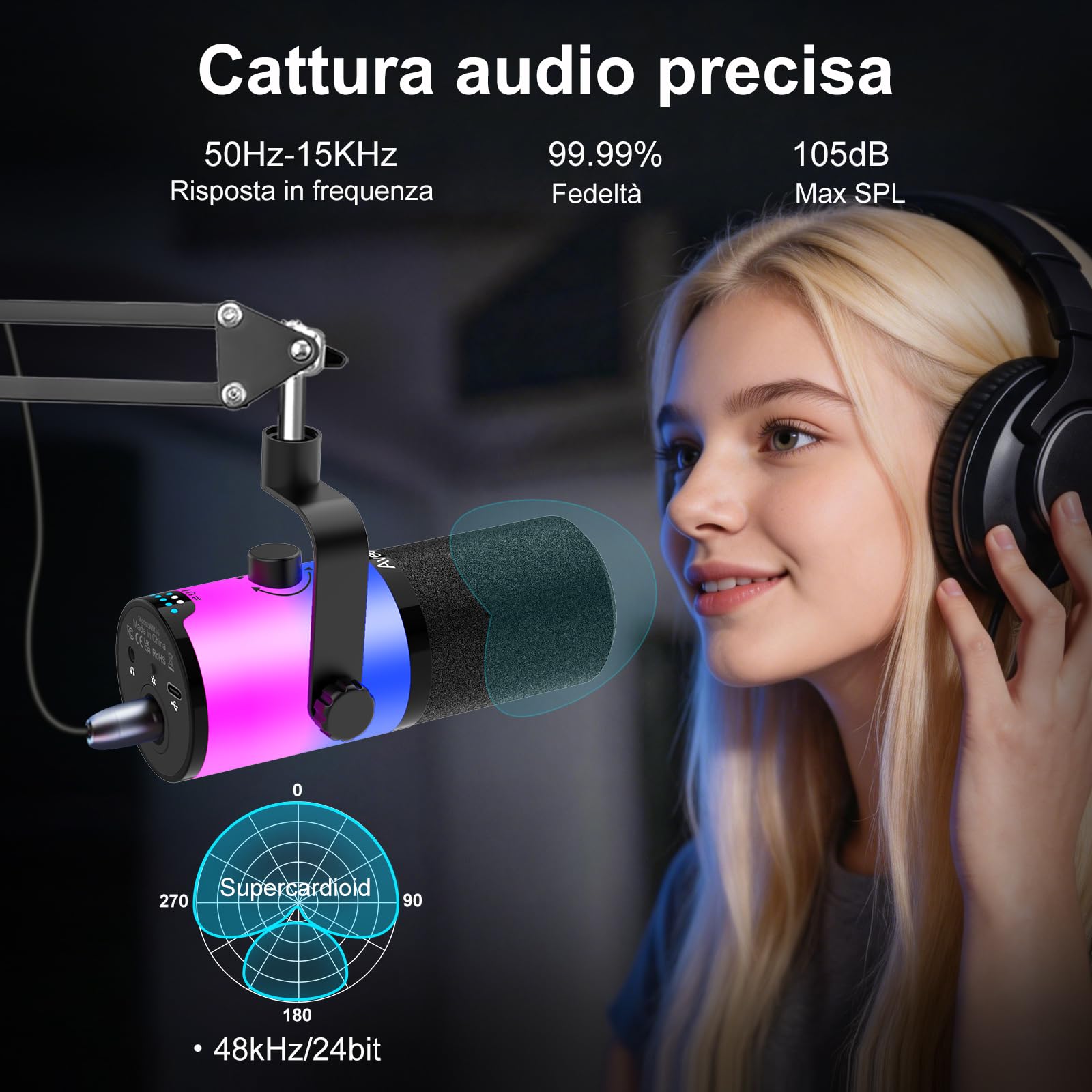 Aveek Microfono Dinamico USB/XLR con Braccio per Gaming & Streaming | Illuminazione RGB, Riduzione del Rumore, Mute One-Touch, Monitor Mix e Jack Cuffie per PC & PS5