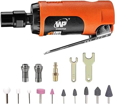 WORKPAD Mini Air Straight Die Grinder with 10-Pieces Air Die Grinder Stone Set 25000 RPM, Mini Pneumatic Tools, Equipped with 1/4-inch, 1/8-inch collets and 2 wrenches