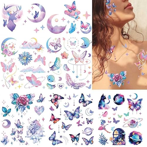 Uranian Tatuajes temporales de mariposa con purpurina de luna y estrella, tatuaje de hada de alce, tatuajes corporales falsos, calcomanías