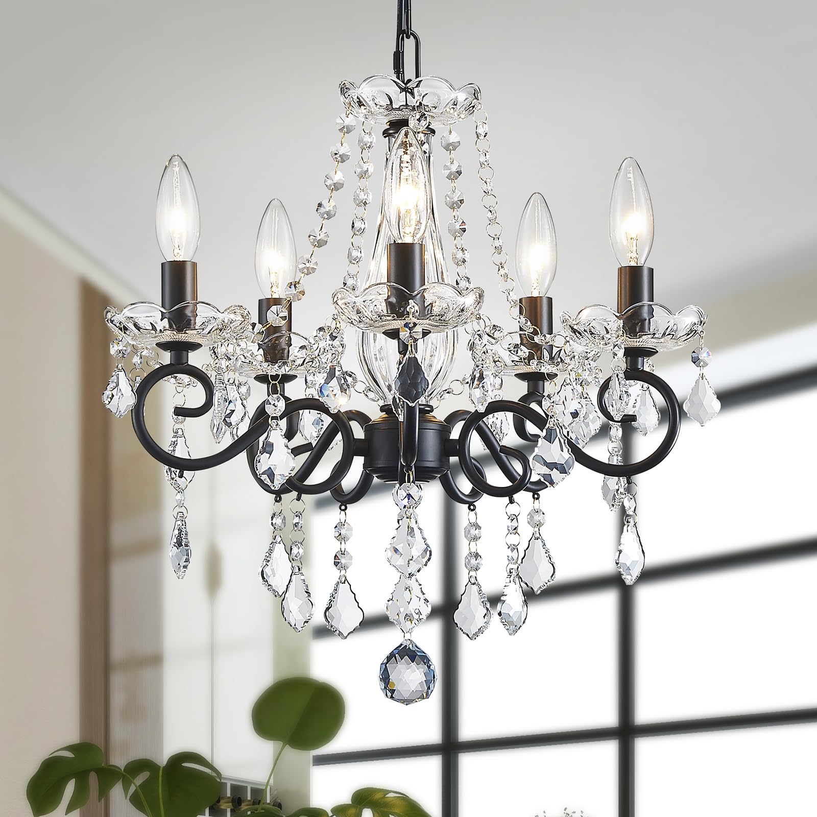 WUZUPS Crystal Candle Chandelier Pendant Flushmount Ceiling Light Modern Lighting Fixture for Bedroom Hallway Bar Kitchen Bathroom, H42 W43, Black, E14 Base — image 1