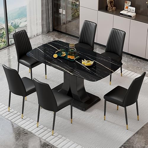 Juego de mesa de comedor moderno para 6, sillas de cocina de mármol para 6, mesa de cocina rectangular con 6 sillas tapizadas de piel sintética para