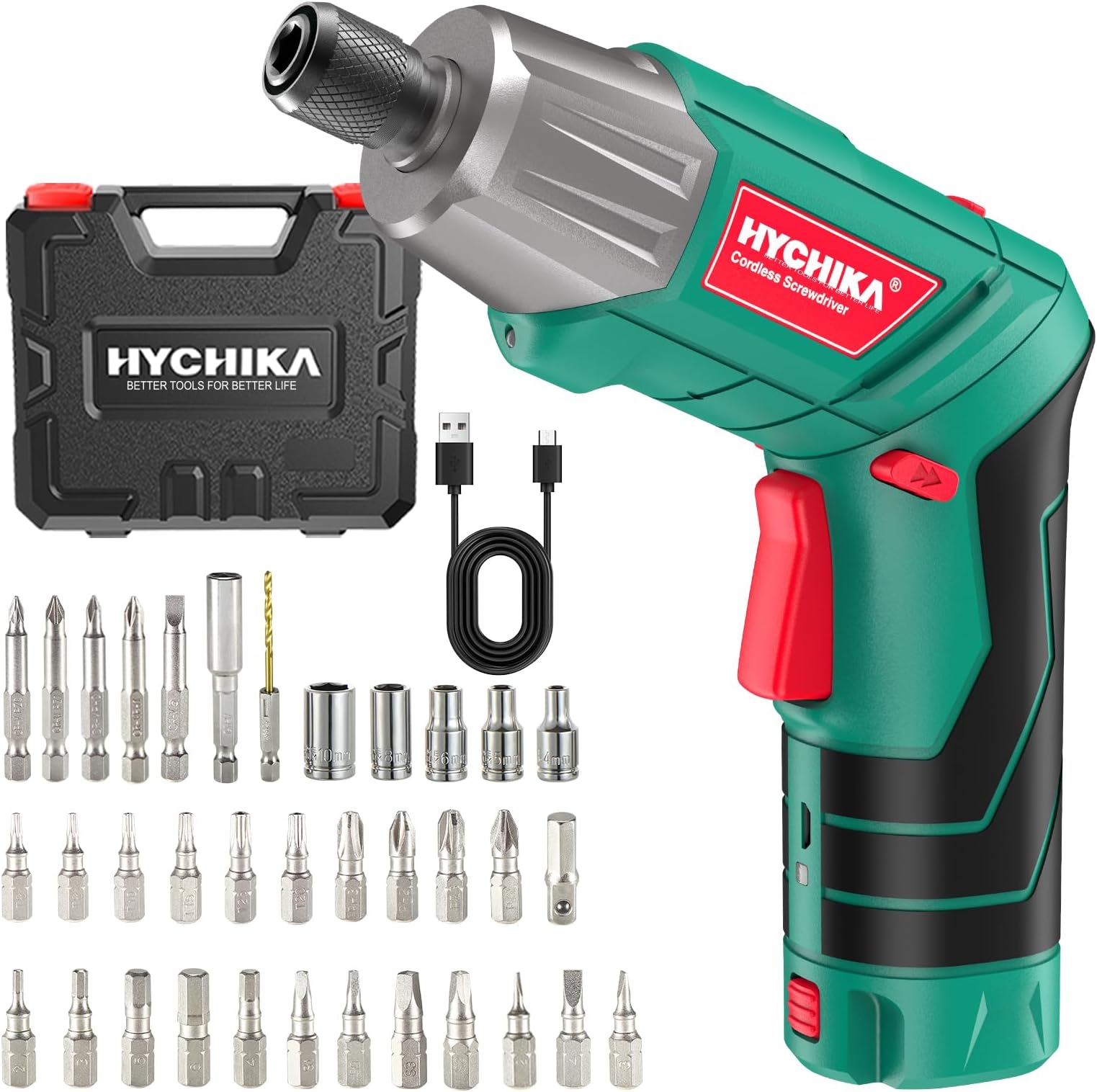 HYCHIKA Cordless Screwdriver, 6Nm Torque Electric Screwdriver 2000mAh 3.6V with 35 Accessories, LED Light and Rear Flashlight, USB Cable and Storage Box