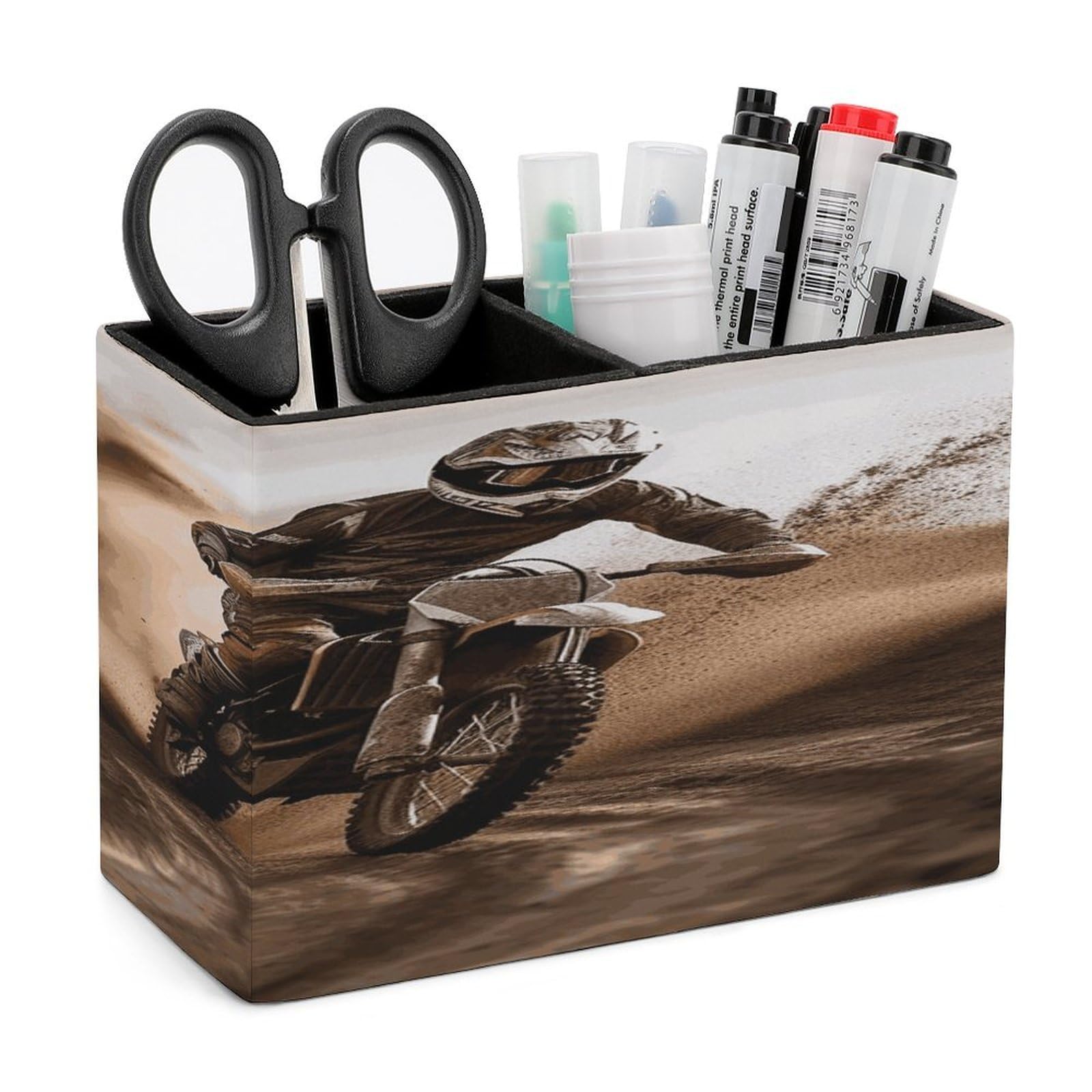FekiLoot PU Leather Motocross Pen Holder for Desk 2 Compartments Desktop Stationary Organizer Rectangle Table Pencil Cup Stand Desktop Stationery Organizer Case for Office Home