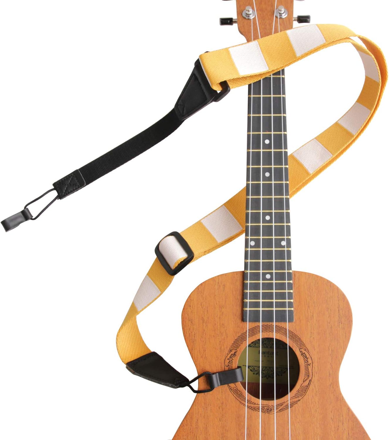 Ukulele Strap No Drill, Yellow and White Square Jacquard