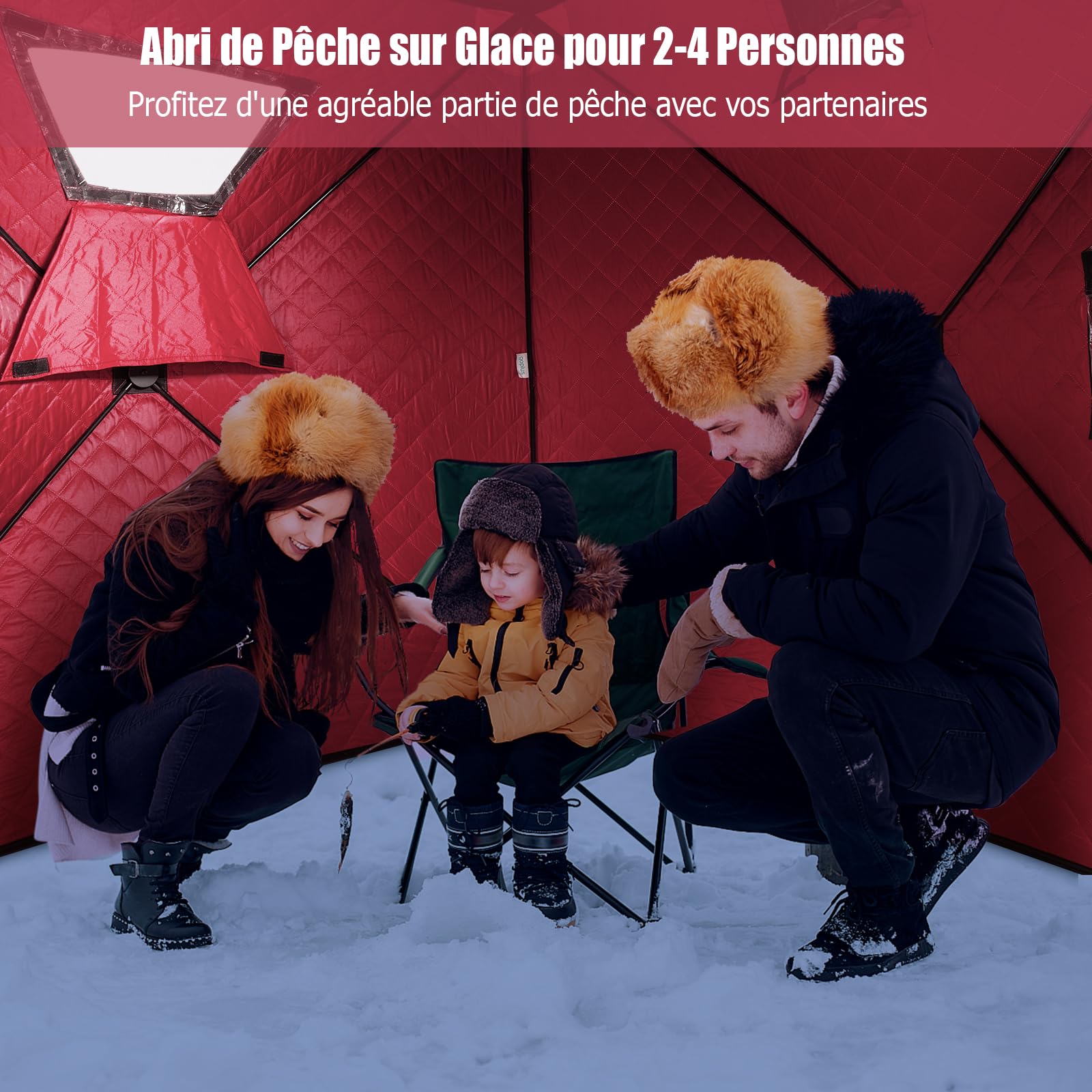 COSTWAY Tente de Pêche sur Glace Portable 2x2M, Abri de Pêche Isolé Pop-Up pour 2 Personnes avec Fenêtres Porte Zippée Aérations Sac de Transport, Cabane de Glace Imperméable d'hiver