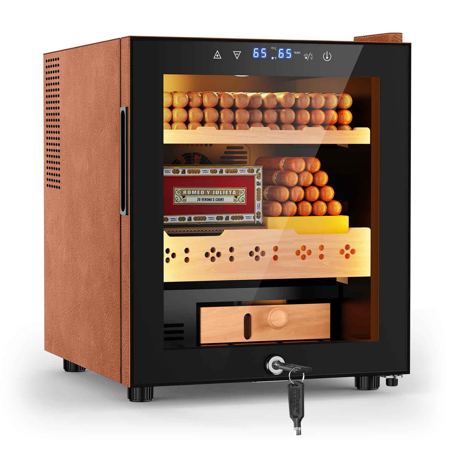 Tylza Leather Trim Cigar Humidor, 50L Cigar Humidor Cabinet with Auto Humidity &amp; Temp Control, 400 Counts, 3 LED Lights, Spanish Cedar Wood, Cigar Humidors with Safety Lock, Gifts for Men