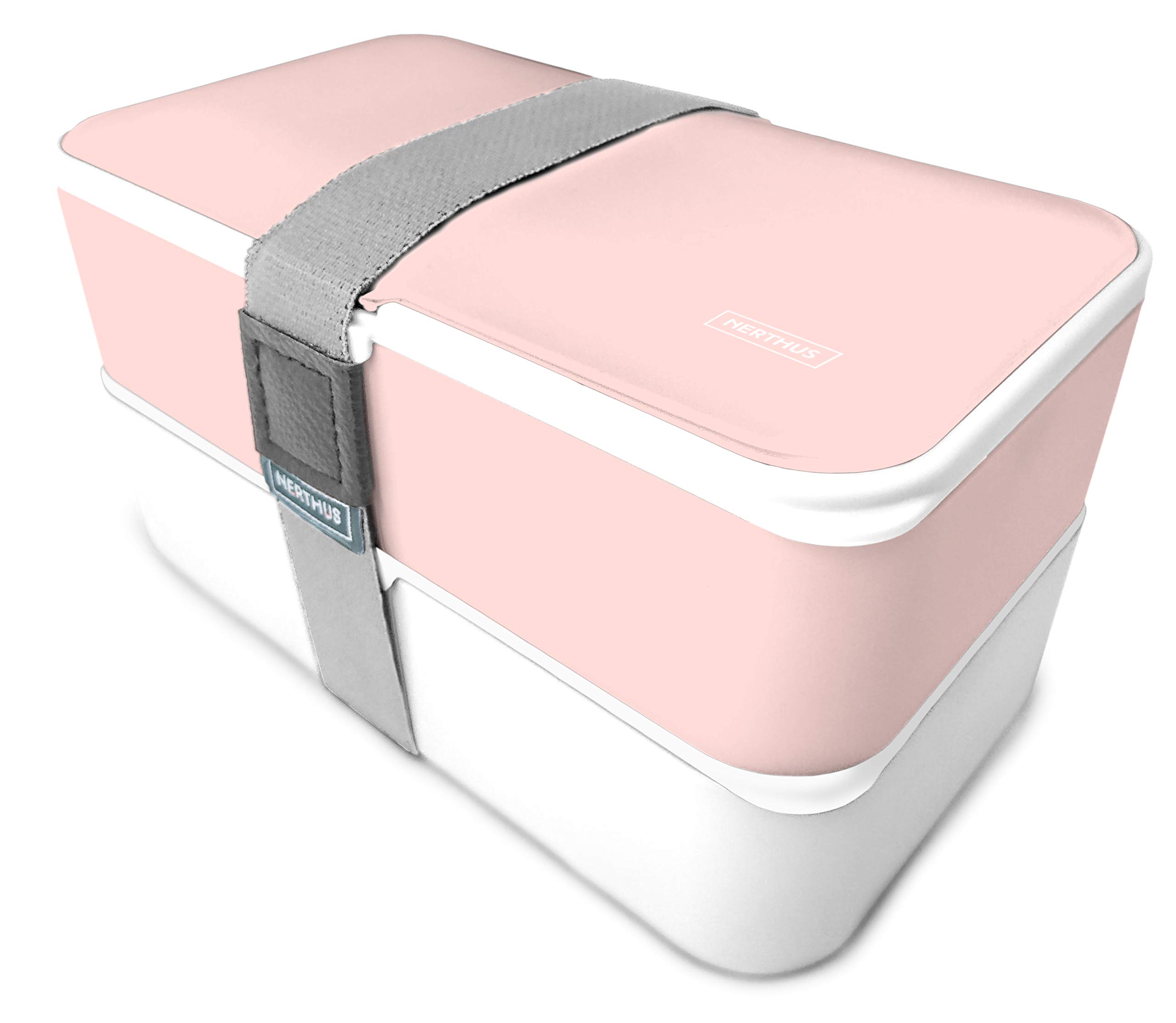 NERTHUS FIH 667 Doppel-Lunchbox – Rosa/weiß, 18,5x11,1x10 Cm, 2x500 Ml, Mit Besteck