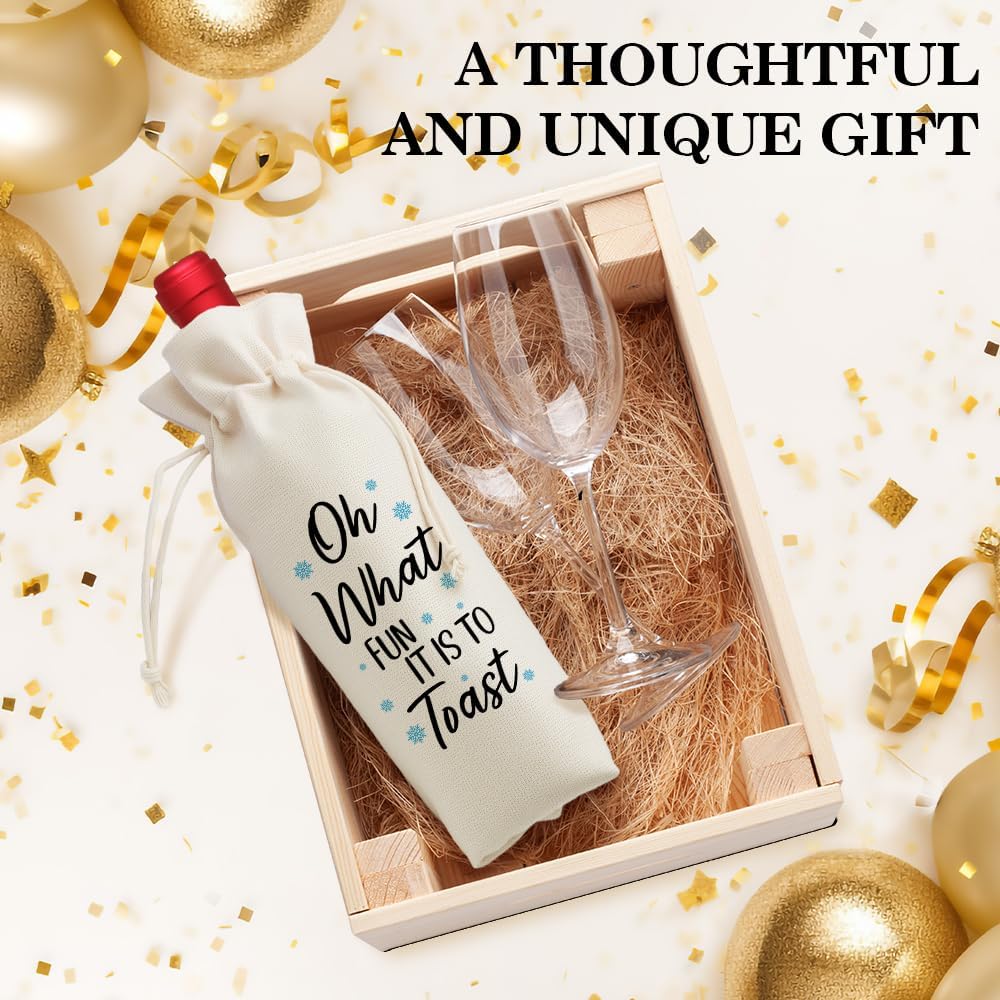 Oh What Fun It Is To Toast Winter Wine Champagne Gifts Bag, Reusable Drawstring Wine Wrap Bag, Cute Snow Champagne Bottle Cover Gifts for Friends Coworker, Christmas Winter Party Favor image 5