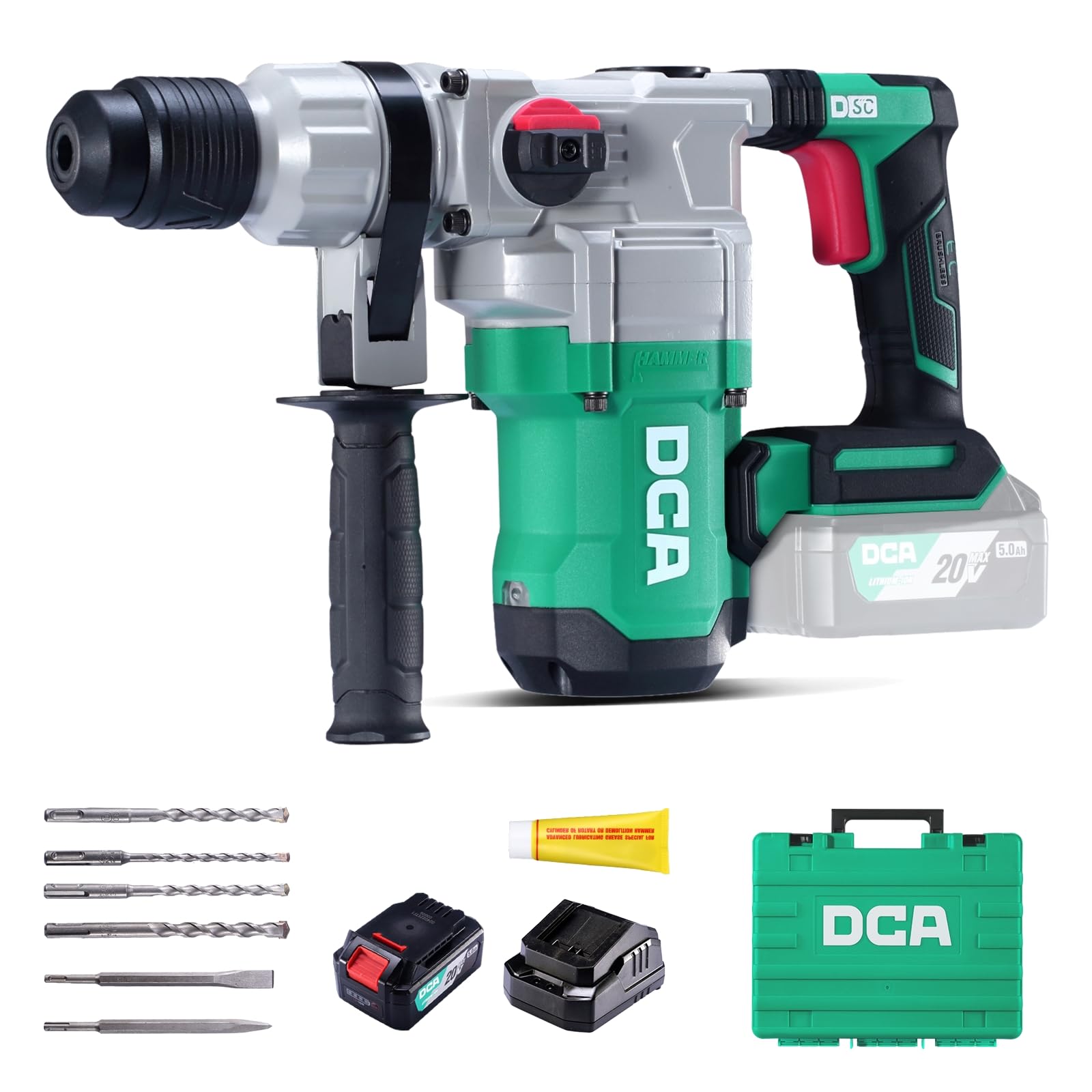 DCA Akku Bohrhammer 20V, 4.5 J Schlagenergie und 3800 BPM, 4 Stück 28mm SDS-Plus, Bürstenloser Hochleistungsbohrhammer mit Vibrationskontrolle, 5.0Ah Akku, 4A Schnellladegerät und Sicherheitskupplung