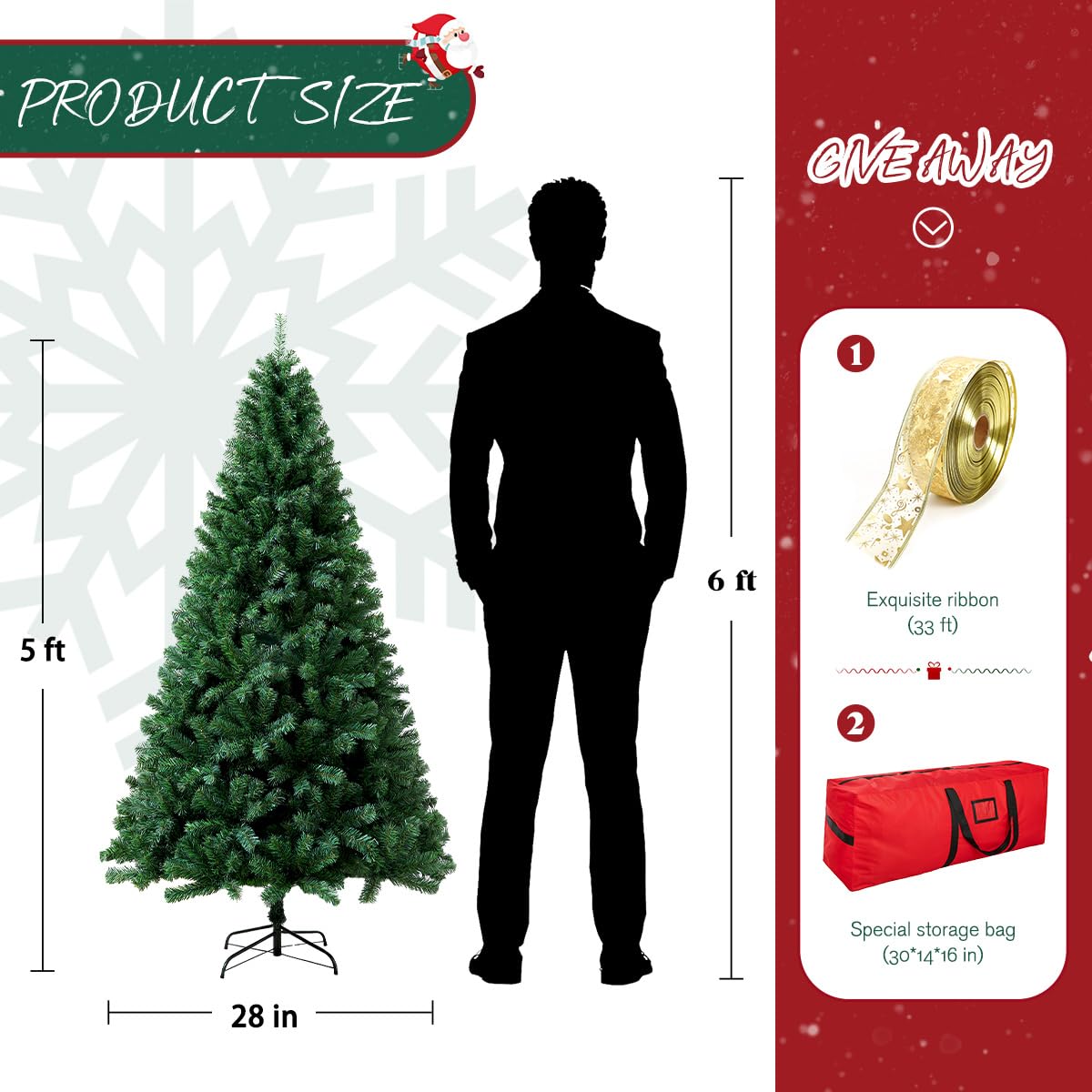 Árbol de Navidad artificial de 5 pies con 600 puntas de rama, fácil de montar, base plegable, adecuado para el hogar, oficina, decoraciones de fiesta de vacaciones