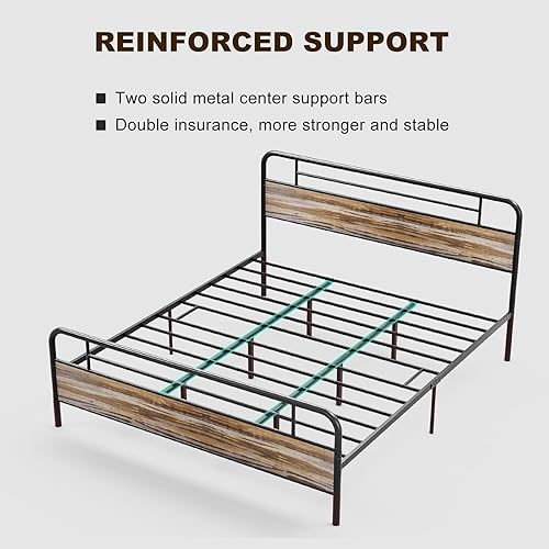 Miniatura 16 de IKIFLY Base de cama California King con cabecero de madera, cama de plataforma de metal California King, listones de acero resistente, Marrón