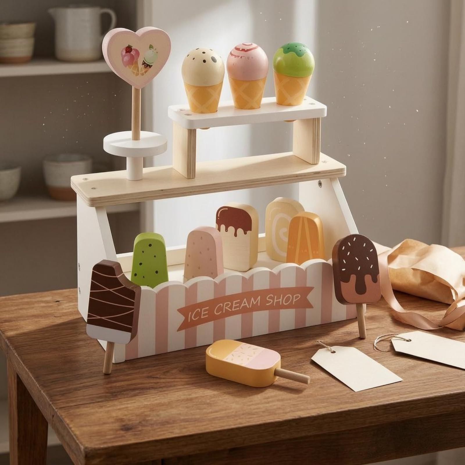 Banco Gelateria Bambini Gioco Stand Negozio Banco Vendita Chiosco Gelati Set con Gelati in Legno E Lavagnetta Menu per Interazioni Cliente Adatto per Casa Asilo Regali