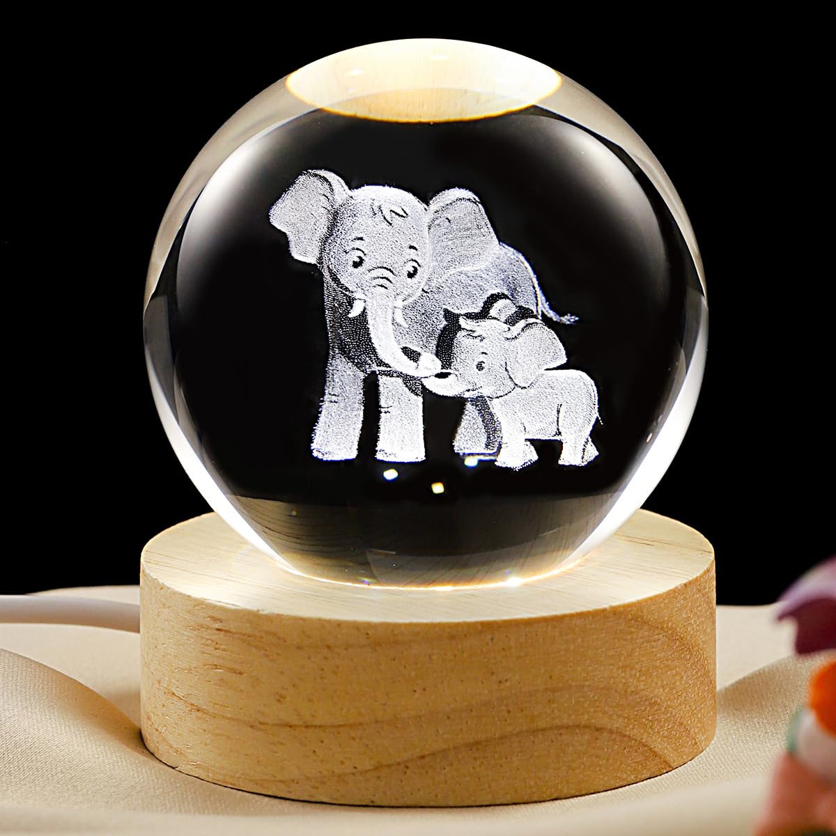 3D Elephant Crystal Ball Lamp with Dimmable LED and Wooden Base, Night Light for Kids Teens Adults, Home Desk Office Bedroom Decor, Birthday Gift (2.4”/ 6cm)