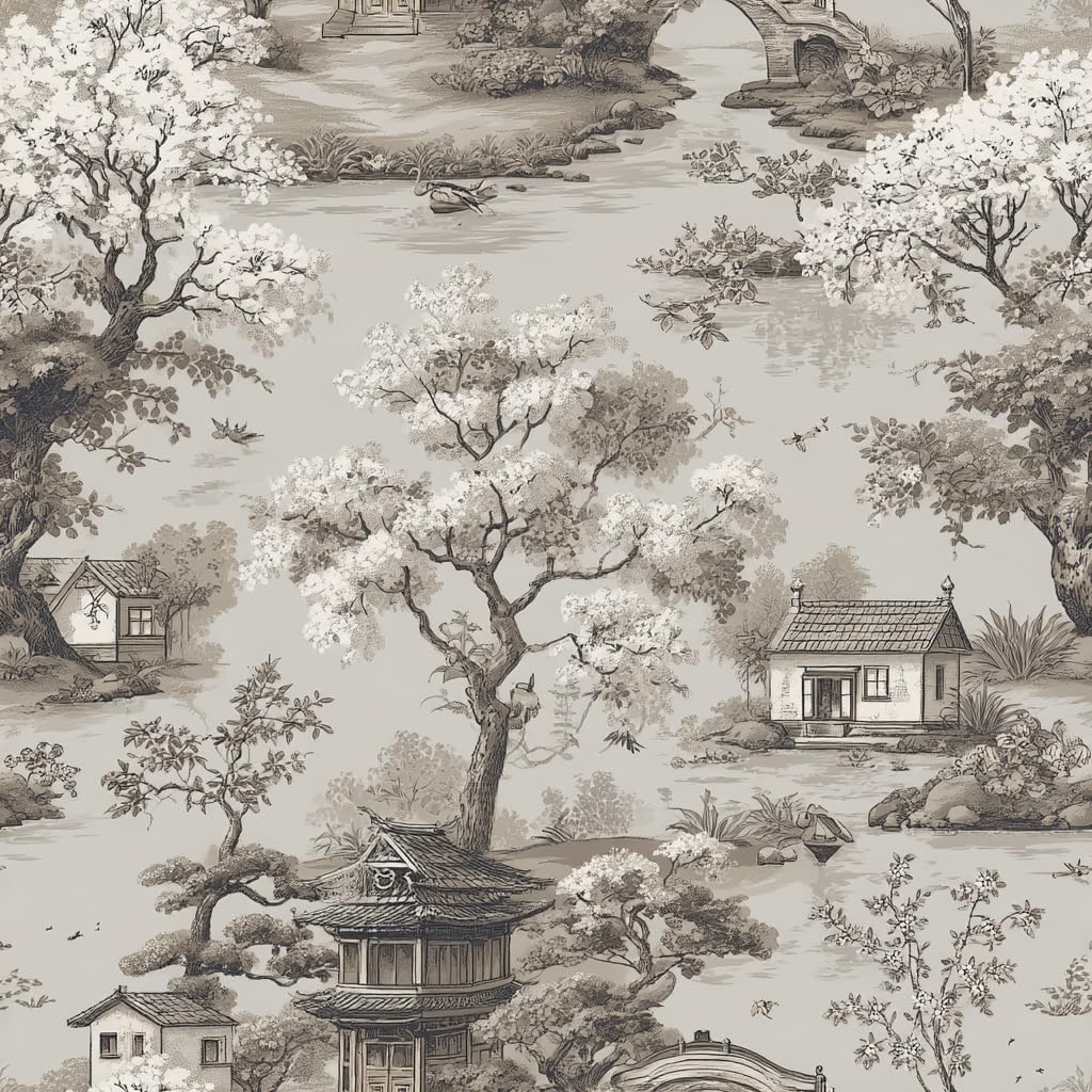 Vintage Ink Botanica Leaf Wallpaper Peel and Stick Removable 17.7" x 236.22" Pagoda Blossom Trees River Scene Wall Paper Self Adhesive for Classroom Bedroom Laundry Room Bathroom