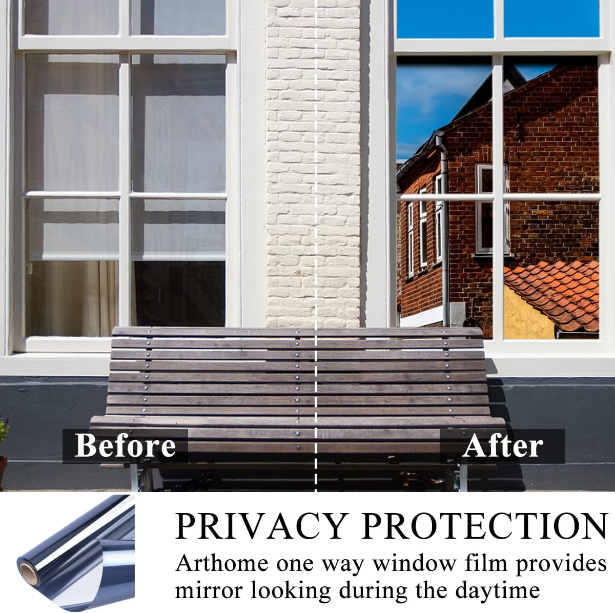 Arthome 23.6 Inch x 8.3 Feet, Blue Silver One Way Window Privacy Film Daytime Privacy Window Tint for Home Anti UV Static Cling Heat Control Reflective Glass Film for Home and Office