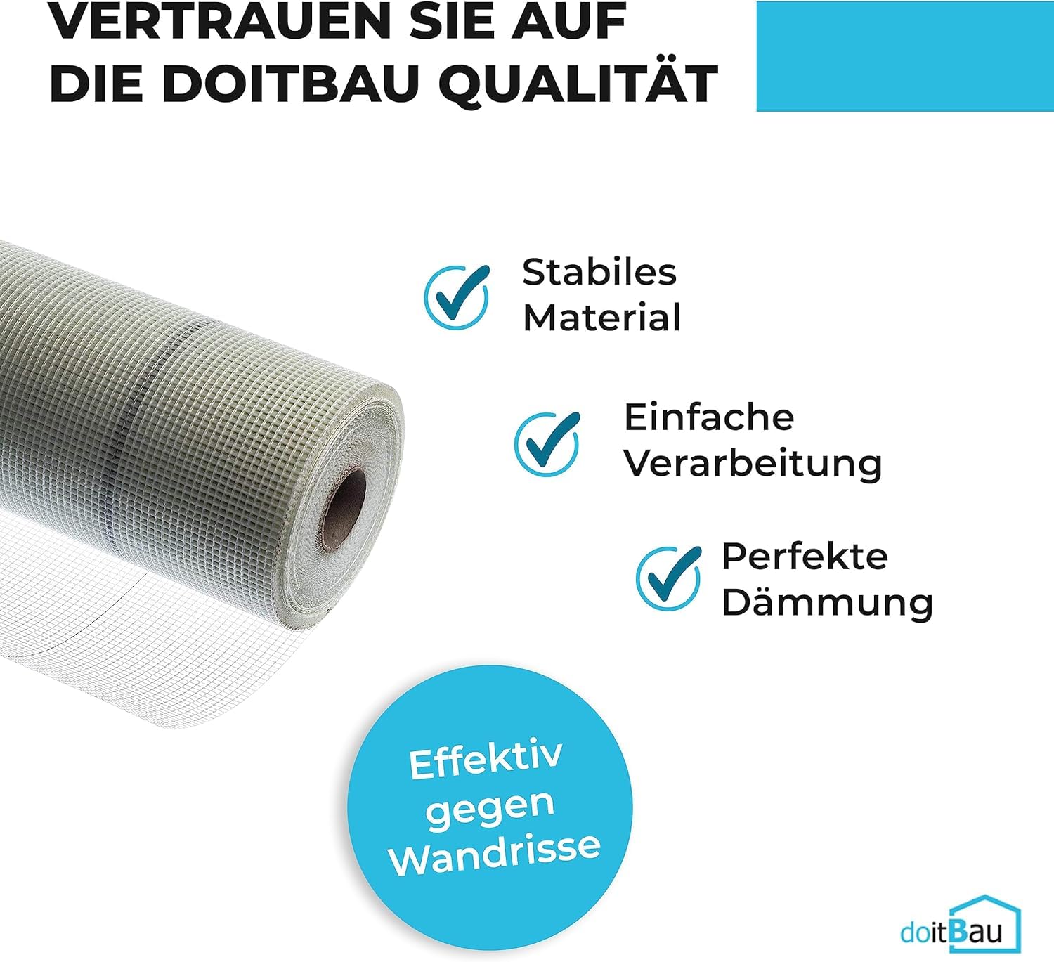 doitBau Rete di rinforzo – Tessuto per intonaco a griglia – 75 g/m² in fibra di vetro, resistente allo slittamento e agli alcali, 1 m x 50 m, rotolo da 100 m² per parete e soffitto