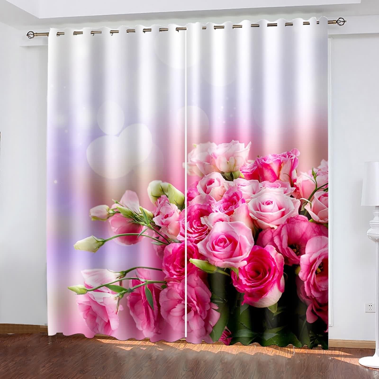 Firanki długie, zasłony kuchenne na okno, różowe, zielone, poliester, różowe, kwiaty, dekoracja, zestaw 2 sztuk, szer. 132 x wys. 229 cm