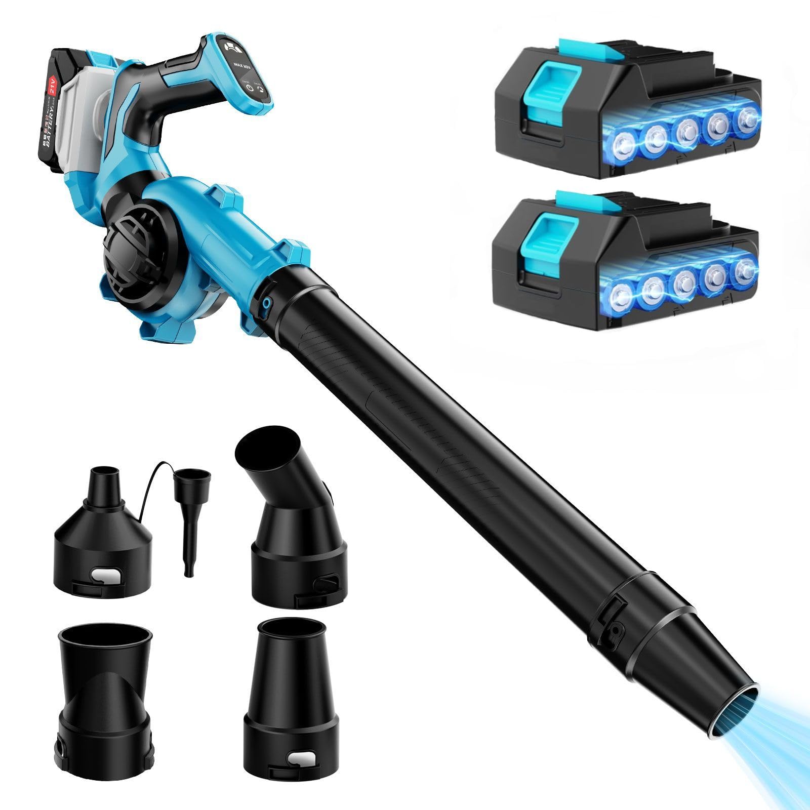 21V Soffiatore a Batteria Elettrico con 4 Ugelli, Soffiatore Foglie a Batteria Elettrico Compatto a 3 Velocità con 2 Batterie da 3Ah e Caricatore, Corpo Macchina Regolabile con Rotazione di 270°