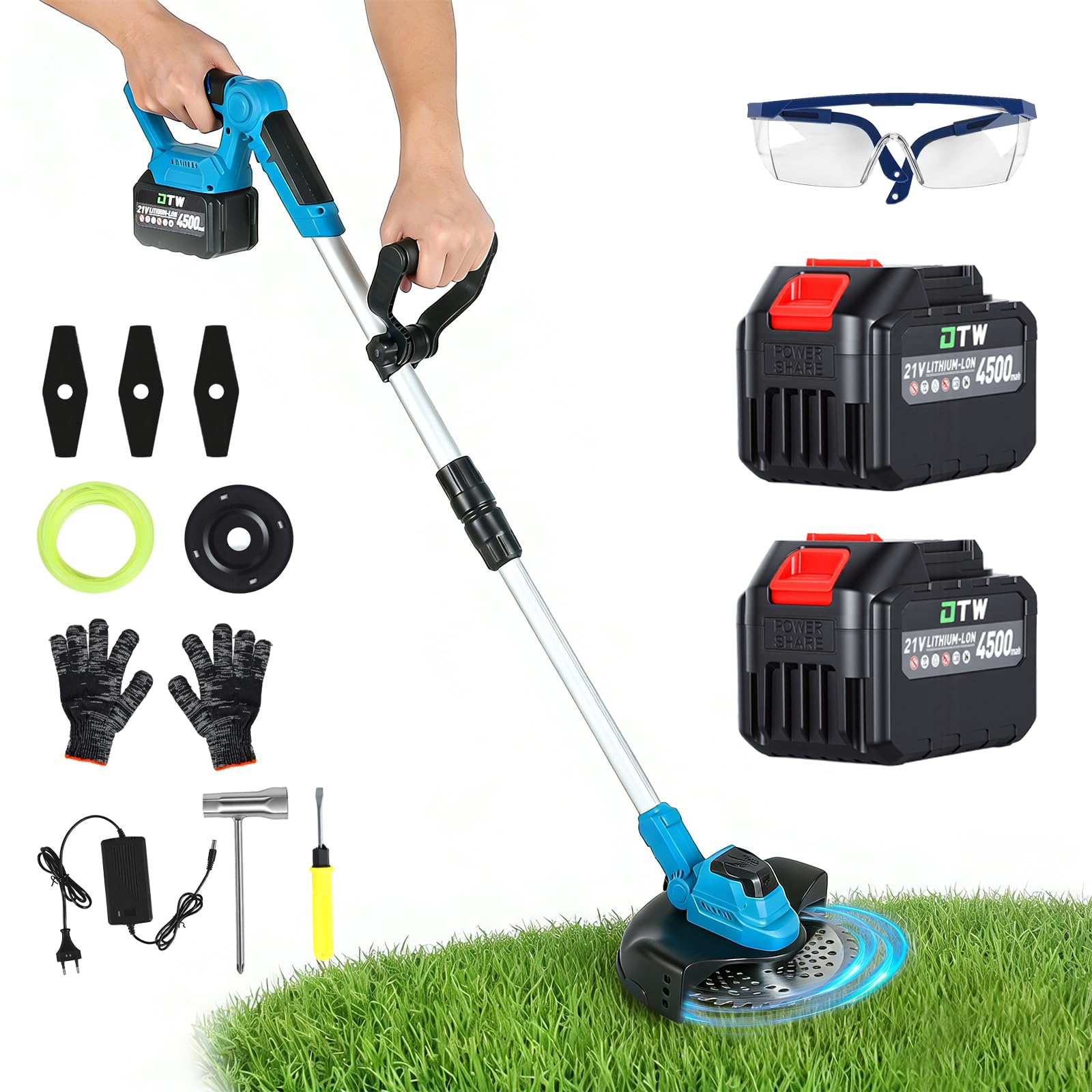 Desbrozadora Inalámbrica 600W, Cortacésped y Bordes 2-en-1, Motor Brushless con Pantalla LED, Mango Ajustable, con 2 baterías, Incluye Cuchillas y Gafas de Seguridad