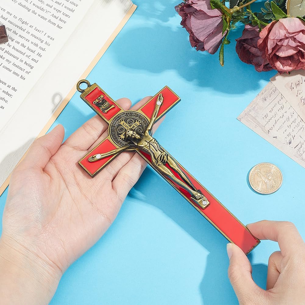 HOBBIESAY 1PCS 7.63 * 3.85 Inch Crucifix Wall Cross Jesus Christ Wall Home Decor Red Metal Slender Crosses Antique Silver Crucifix Cross Crucifixion Christ Wound for Meditation
