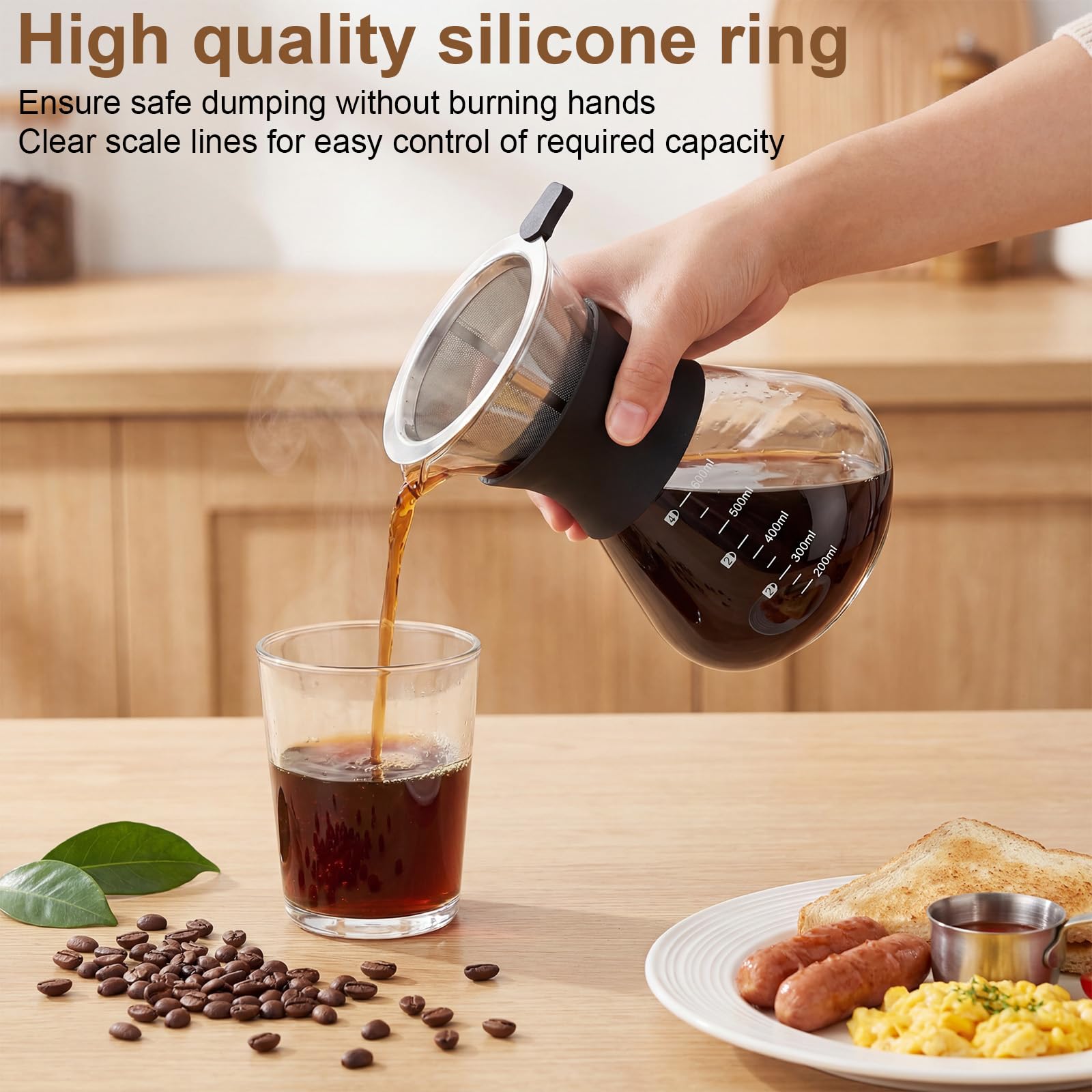 Caffettiera in Vetro 600ml, Macchina da Caffè Americana a Goccia Manuale, Pour Over Coffee Maker con Filtro Permanente in Acciaio Inossidabile Riutilizzabile, per Caffè Casa Ufficio