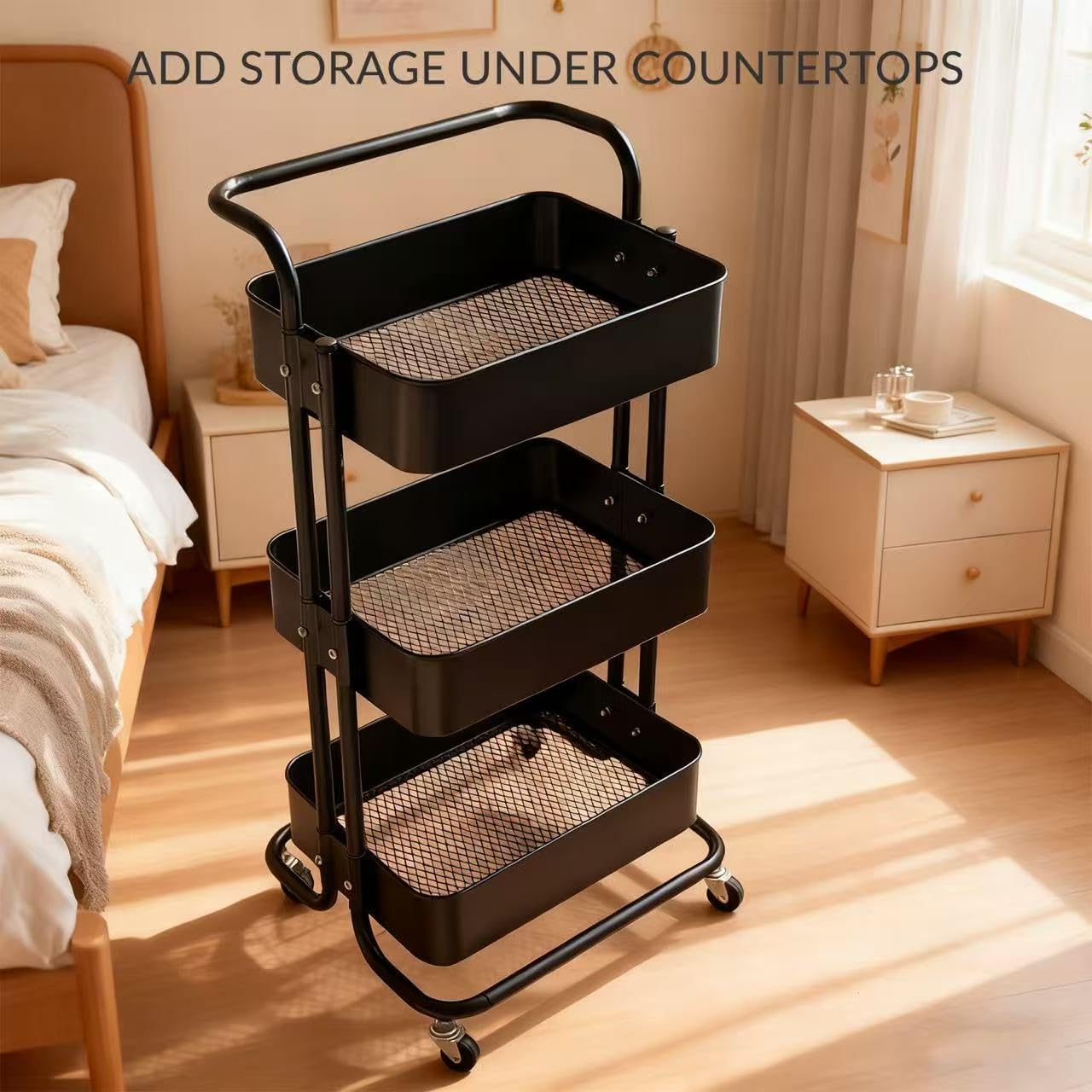 Cart,Mobile 3-Tier Mesh Utility Trolley with Handle and Lockable Wheels Rolling Metal Organiser Cart Multi-purpose Storage Rack for Kitchen, Living Room or Office Black, Full Carbon Steel Construction