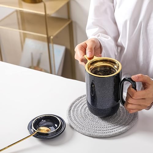 Miniatura 5 de VICRAYS - Infusor de taza de té de cerámica, taza de té grande de 16 onzas con mango suelto caliente con tapa de cuchara infusor de hojas, colador
