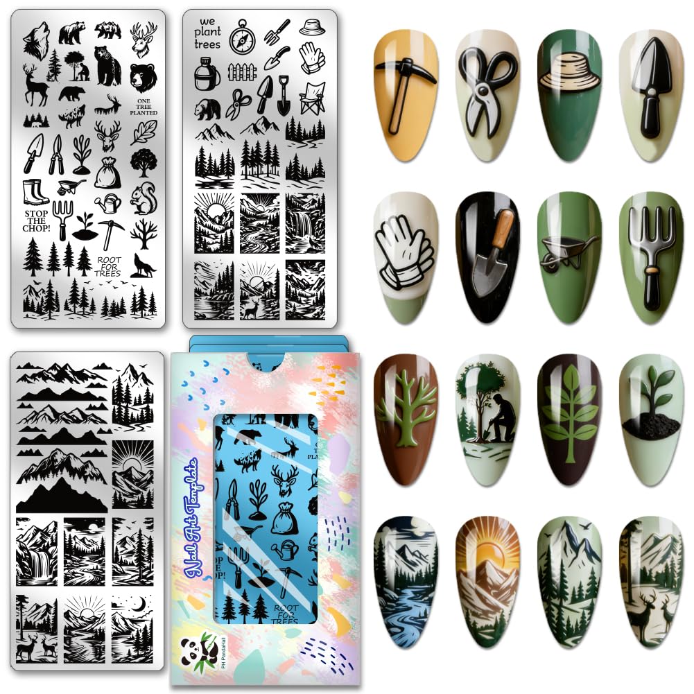 PH PandaHall 3 piastre per stampaggio unghie con alberi animali selvatici modelli per nail art montagne foresta manicure piastra timbro proteggere alberi unghie stencil arte per donne stampa manicure
