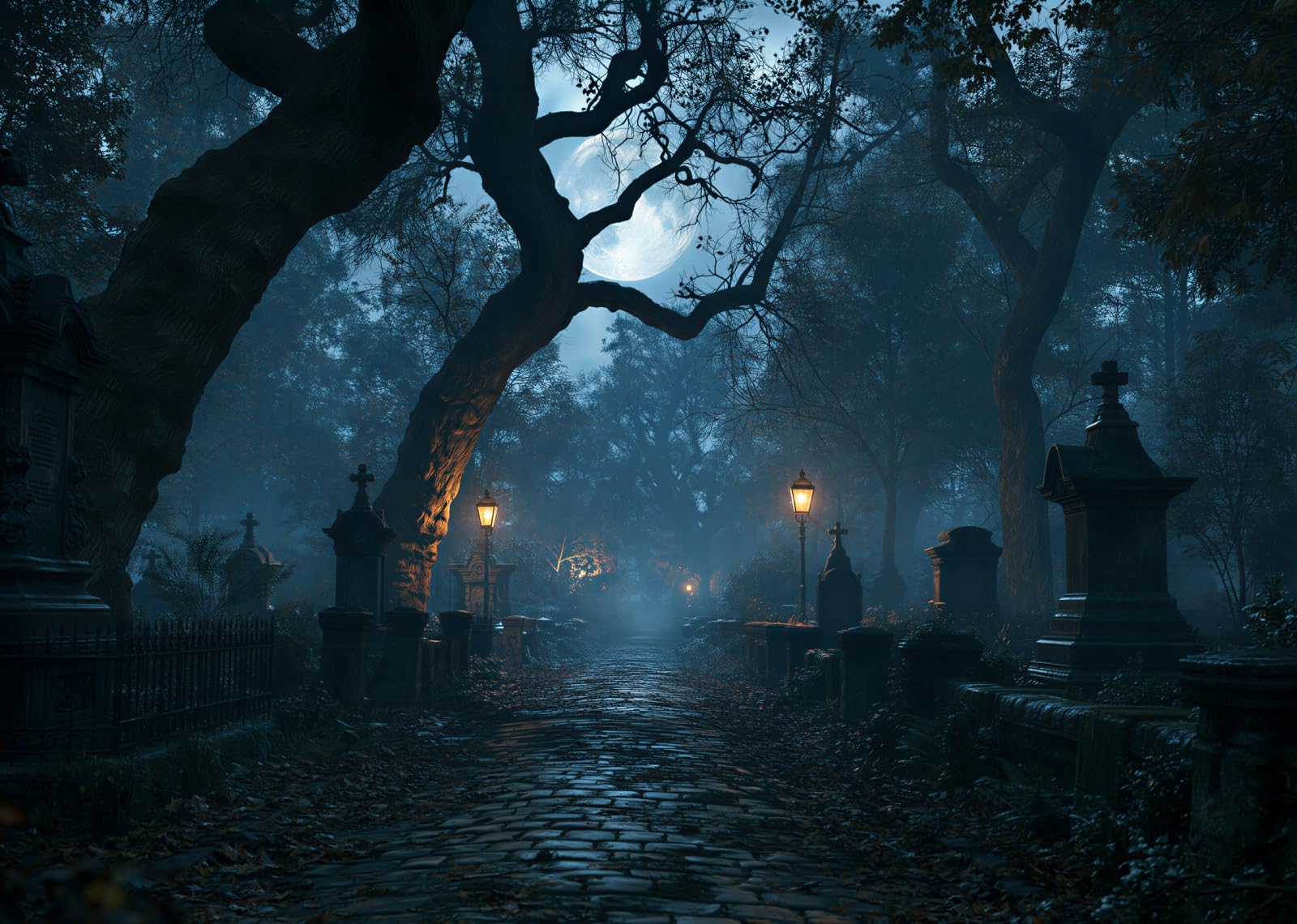 12x10FT (3.6x3m) Callejón Cementerio con Faroles Fondo Fotográfico