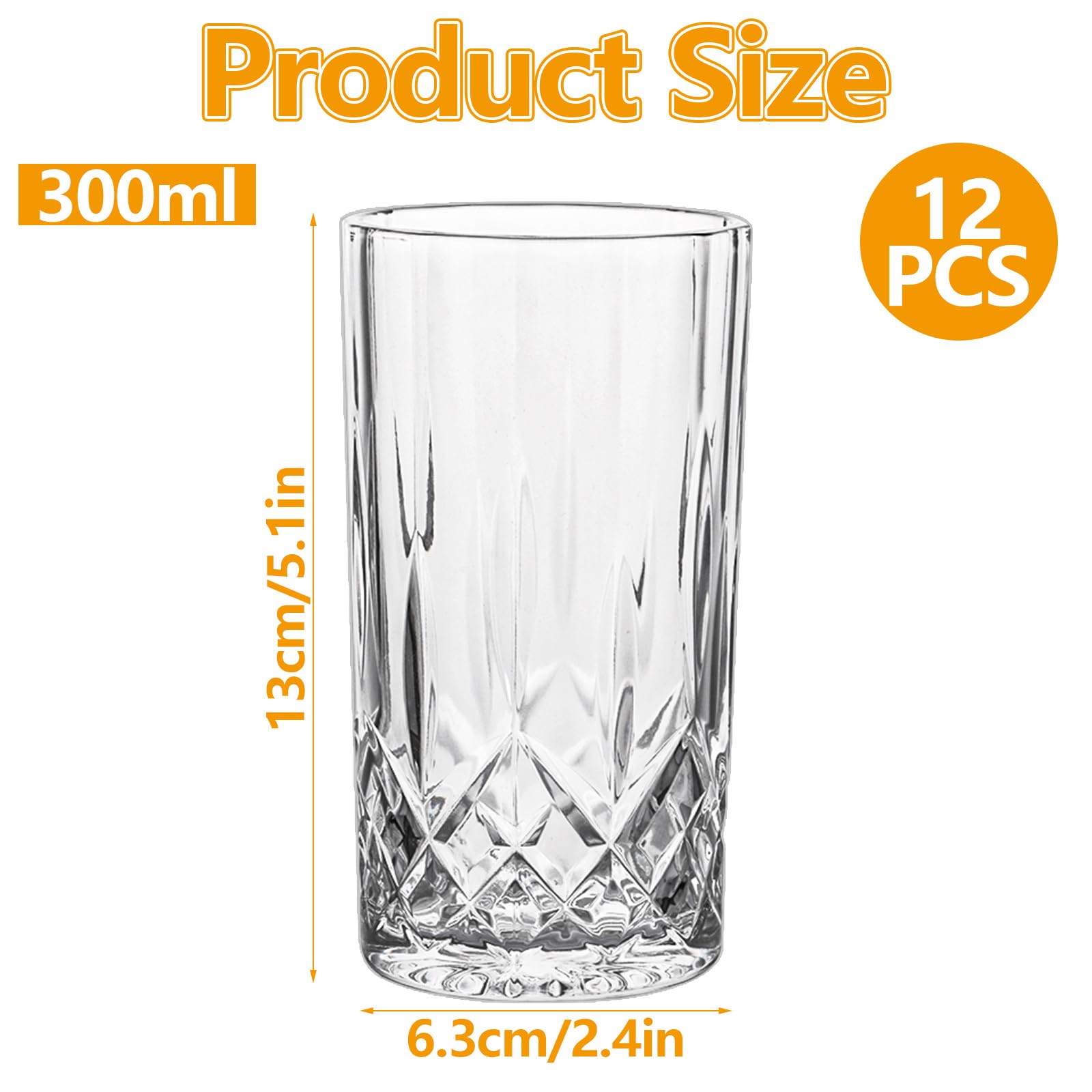 Highball-Trinkgläser, 300 ml, Kristallglas, klares Highball-Glas, perfekt für Wasser, Cocktails, Saft, 12 Stück