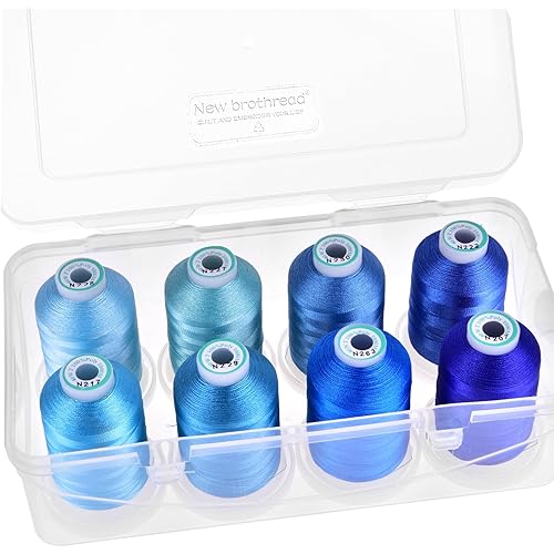 New brothread - 20 Options - 8 Snap Spools of 1000m Each Polyester Embroidery Machine Thread with Clear Plastic Storage Box for Embroidery & Quilting - Different Blue
