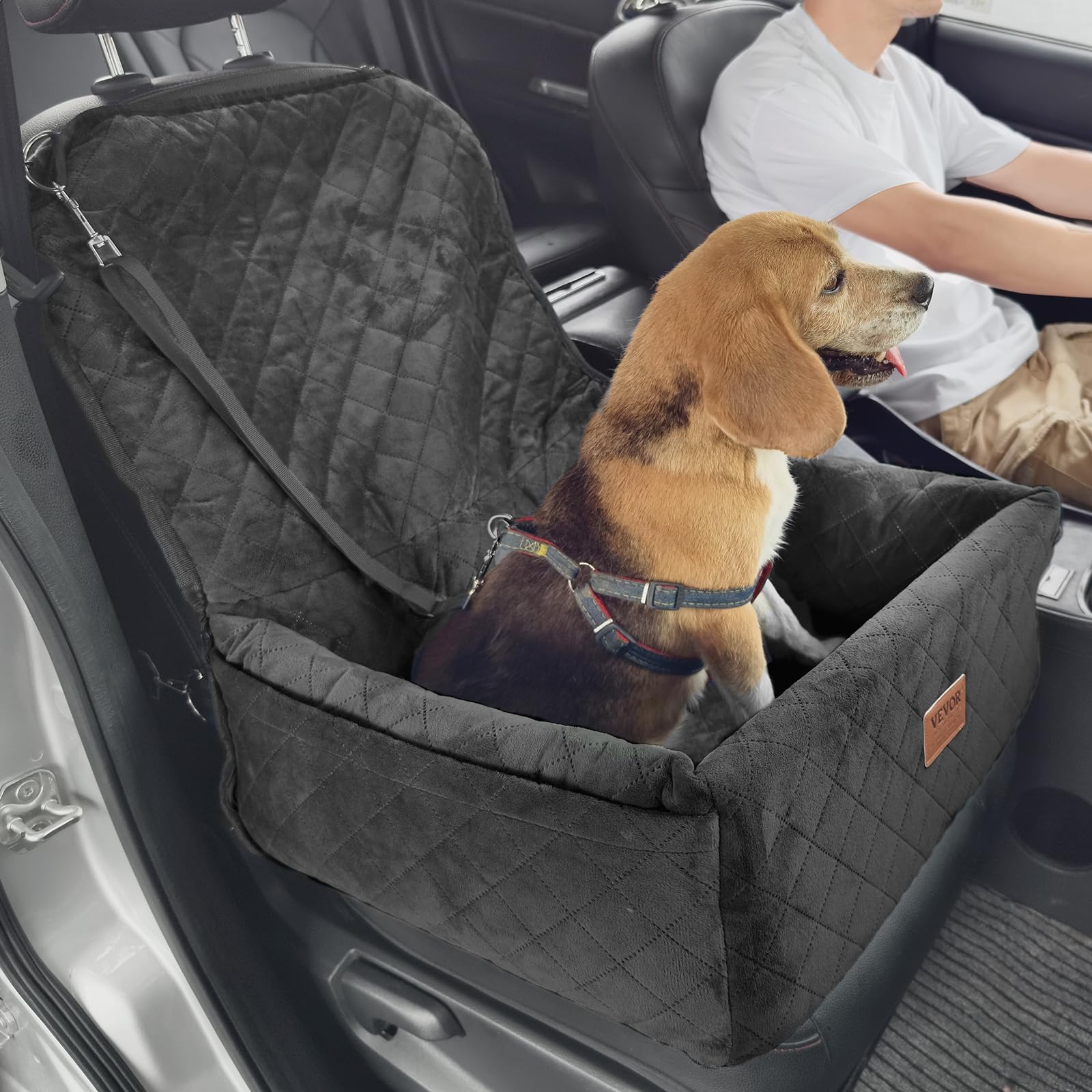 VEVOR Asiento de Coche para Perros 18 kg Asiento de Seguridad para Mascotas Asiento Elevador Impermeable con Correa de Seguridad con Clip Acolchado de Algodón PP Silla para Coche para Mascotas, Negro