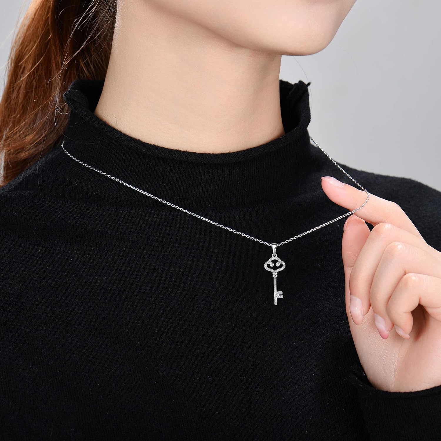 Women Necklace 925 Sterling Silver Heart Key Pendant Necklace with Cubic Zirconia Jewelry - Image 2