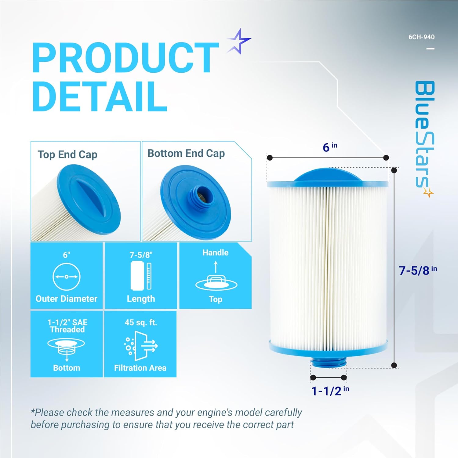 BlueStars 6CH-940 Spa Filter Replaces PWW50P3 Pleatco, Unicel, Filbur FC-0359, Aber 03FIL1400, Aladdin 14510, Waterway 817-0050 Front Access Skimmer, Viking Spa Hot Tub Filter, SAE Thread, 45 sq.ft
