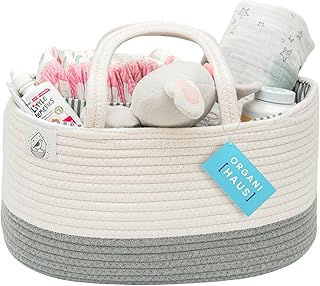 OrganiHaus Cesta de Bebe, Organizador de Pañales, Cesto Cambiador de Bebe Portatil, Cesta de Almacenaje para Regalo de Recién Nacidos, Portapañales de Cuerda de Algodón, Blanco/Gris
