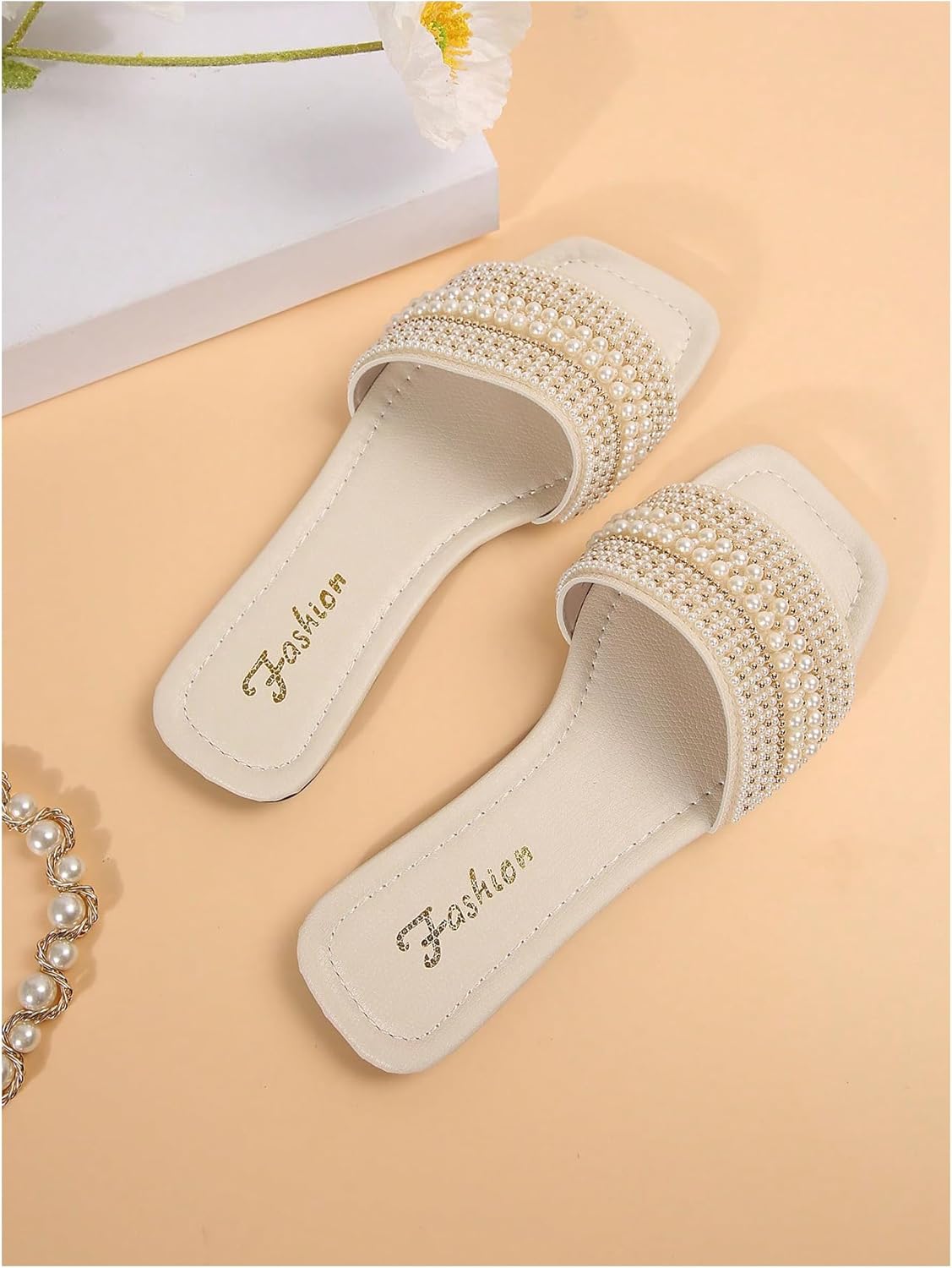 GORGLITTER Women's Pearl Summer Beach Sandals Square Open Toe Slip On Flat Slides - Image 2
