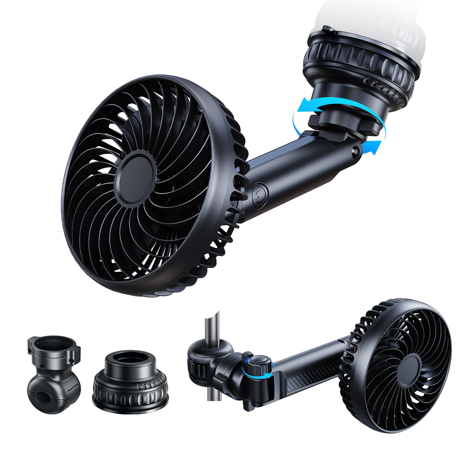 5000mAh Battery Powered Fan for Car Windshield Sunroof Dashboard Headrest - Portable Car Cooling Fan with 2 Detachable Bases for SUV Van RV Pickup Truck Camping Desk Kitchen Home