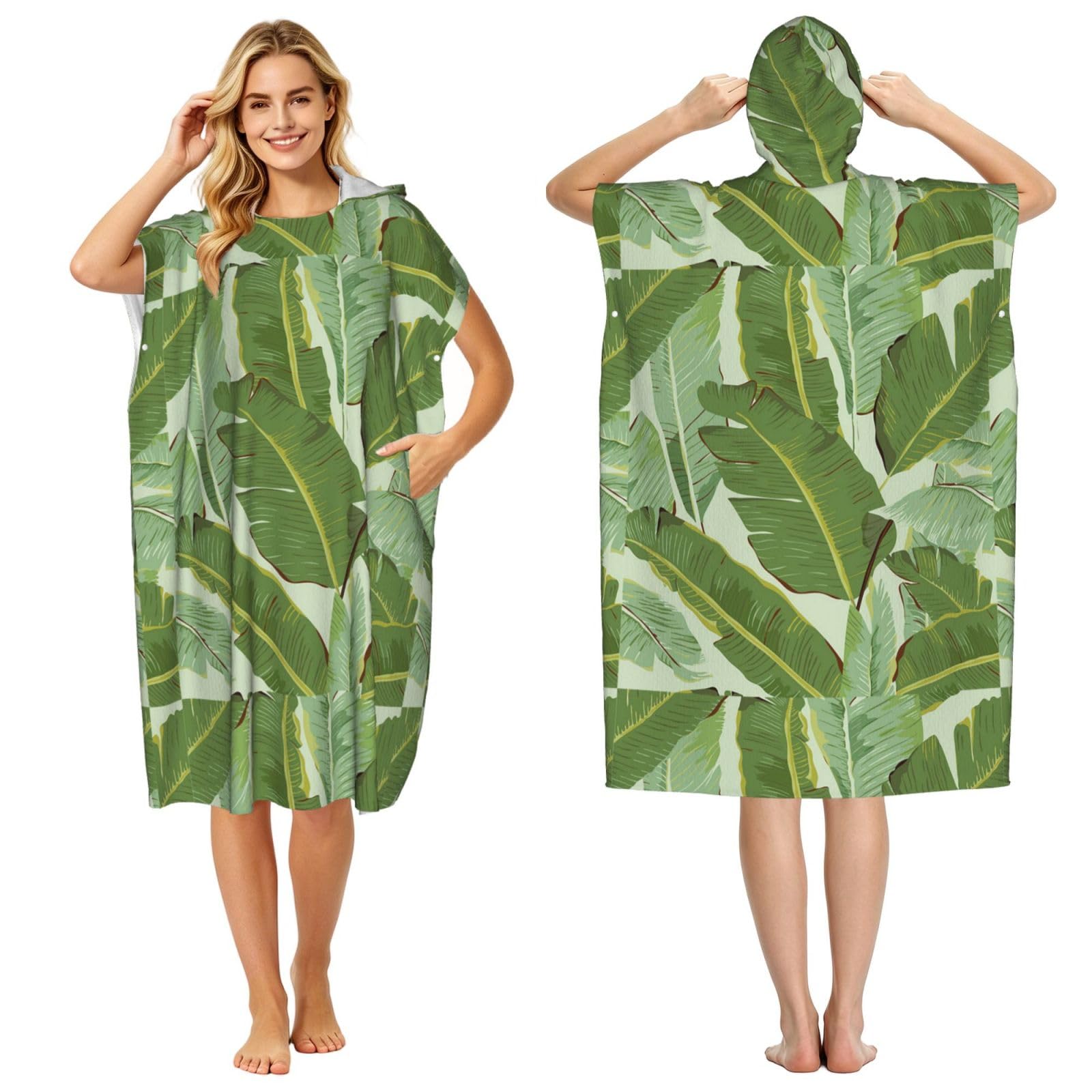 Poadnly Tropical Plant Leaf, Adult Hooded Beach Towel 90 x 110 cm,Changing Bath Robe, Surf Poncho Towel For Women Men